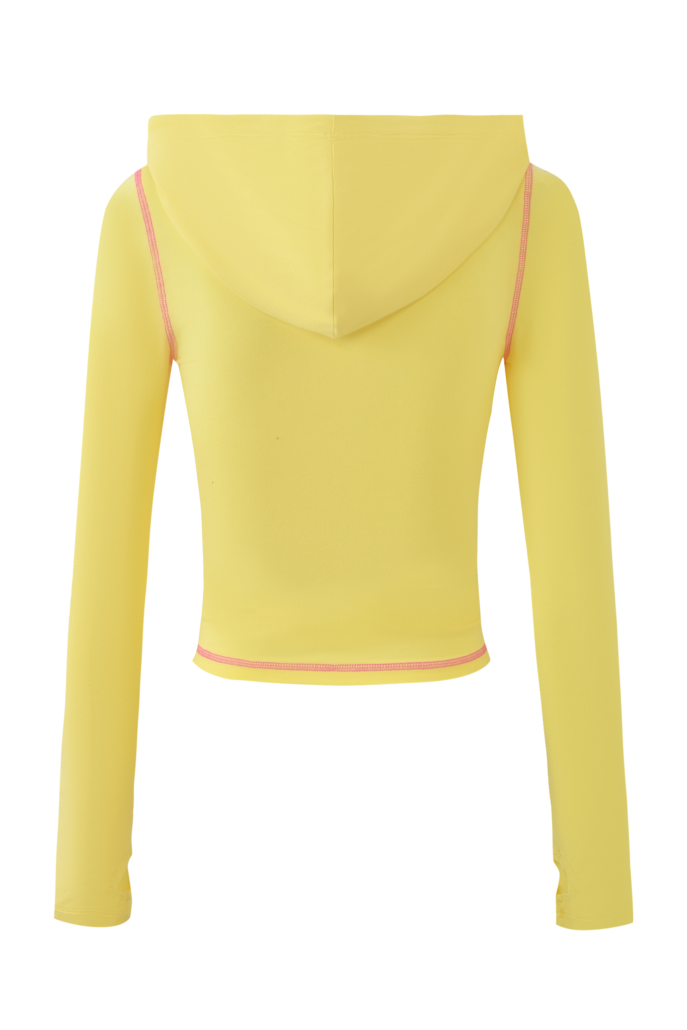 The FAFI BLARE HOODIE - YELLOW by I.AM.GIA is a fitted long-sleeve bodysuit with pink trim, pointed bottom hem, and back view details, featuring unique flair from the FAFI collaboration.