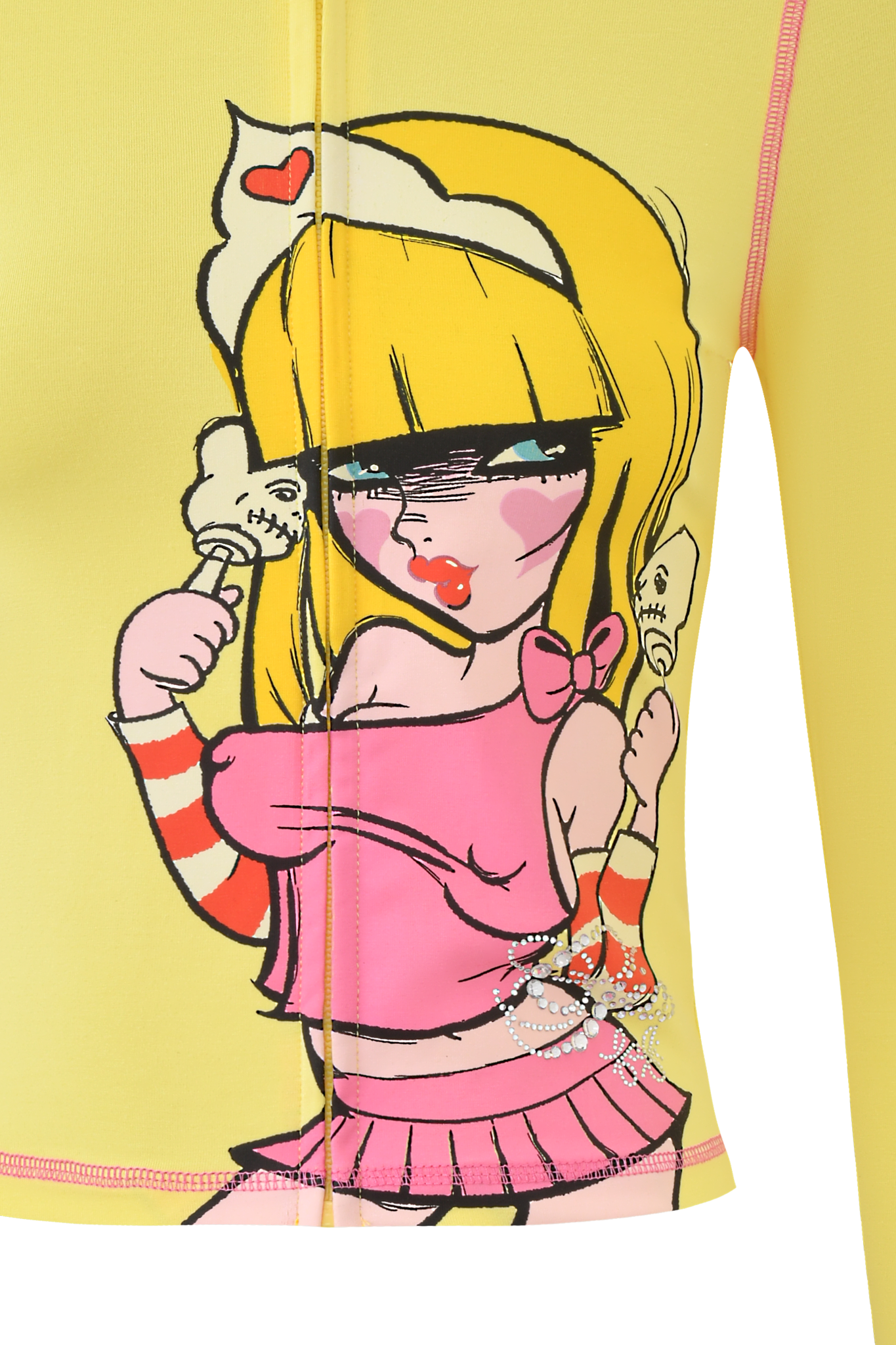 A cartoon-style blonde girl with bold eye makeup, nurse hat, skull lollipops, and diamanté pink outfit appears on the yellow FAFI BLARE HOODIE by I.AM.GIA.