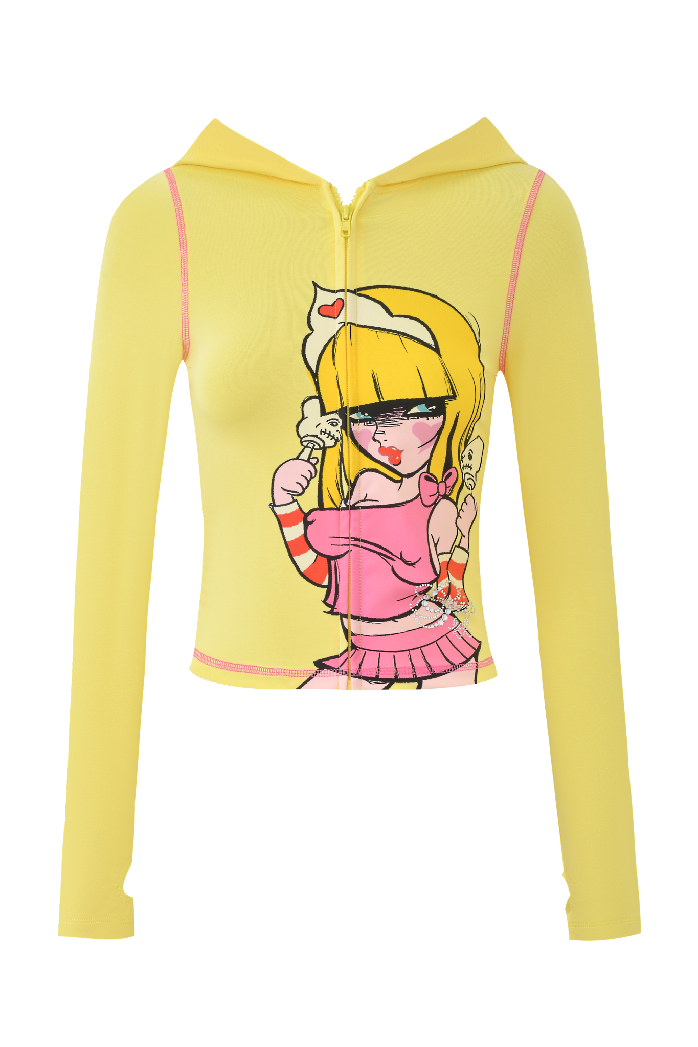 The FAFI BLARE HOODIE - YELLOW by I.AM.GIA is a zip-up, long-sleeve hoodie featuring an exclusive cartoon nurse print with blonde hair, a white hat, and pink outfit on the front.