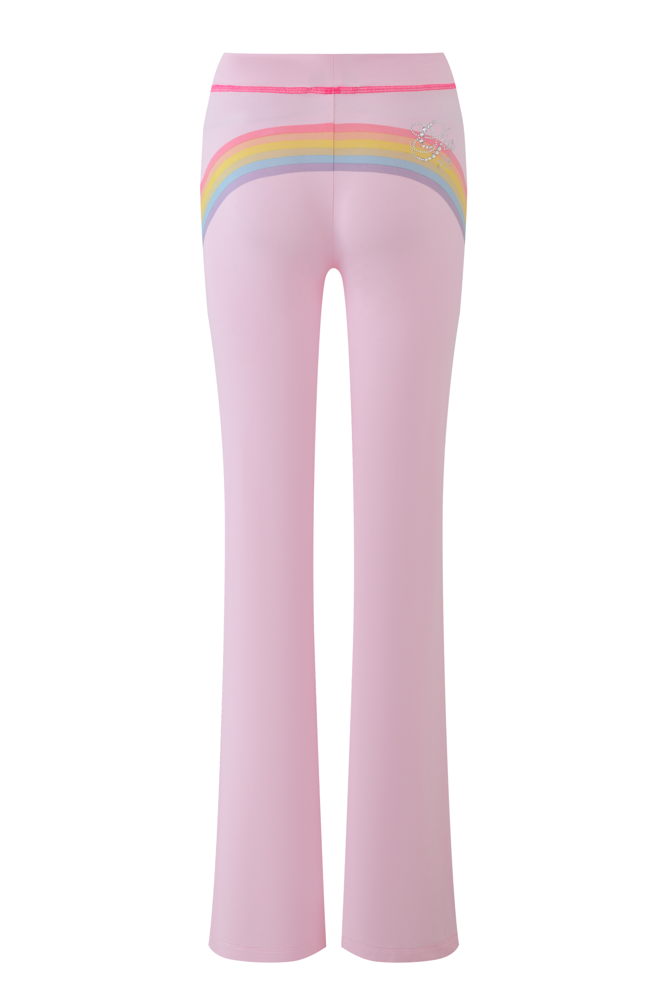 The I.AM.GIA FAFI BLARE PANT in baby pink is shown from the back, with a horizontal rainbow stripe across the hips and a small embroidered unicorn near the right hip.
