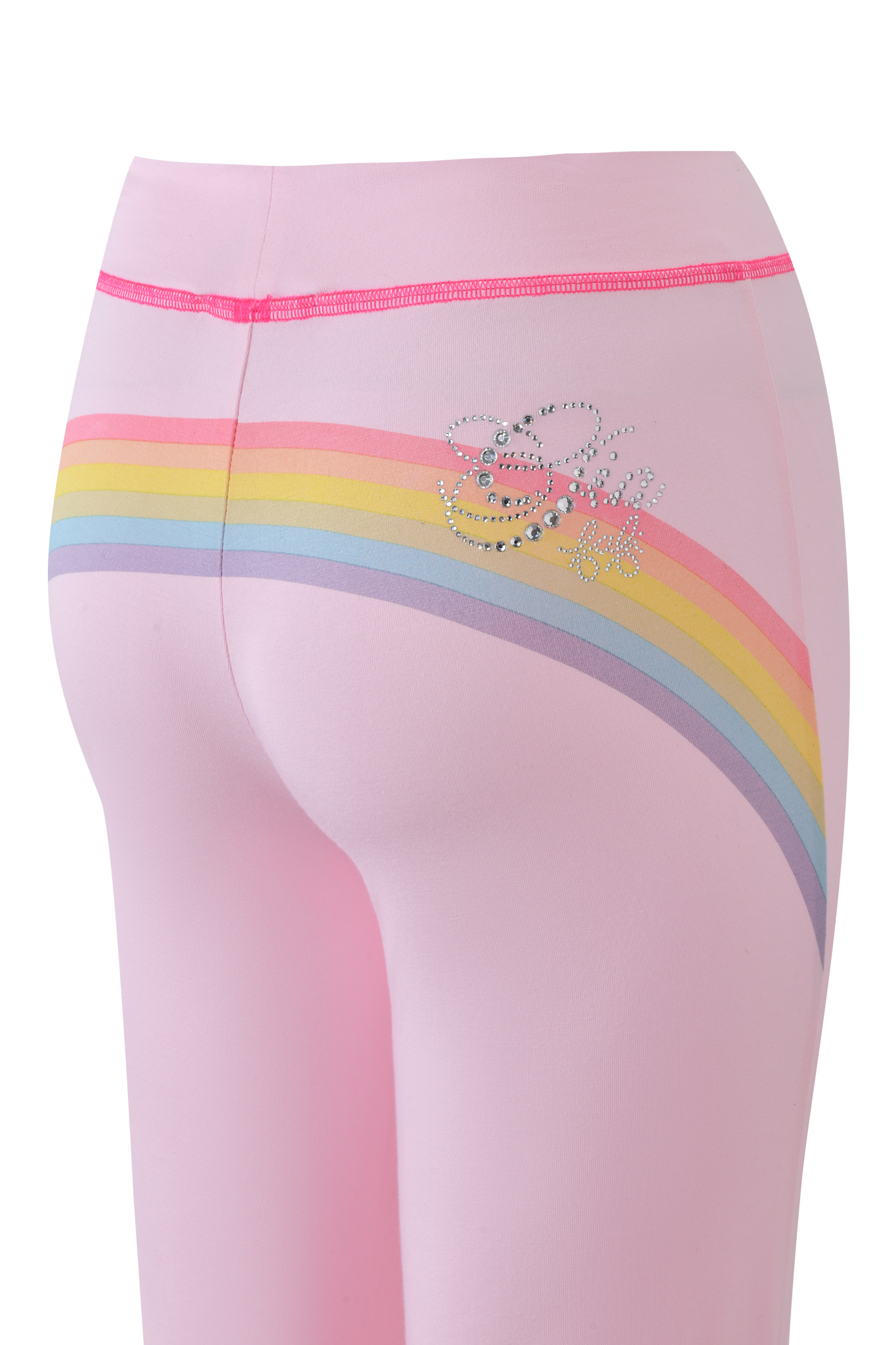 Close-up of I.AM.GIA’s FAFI BLARE PANT in baby pink, featuring a rainbow side stripe and a sparkling diamante "Barbie" logo near the waistband.
