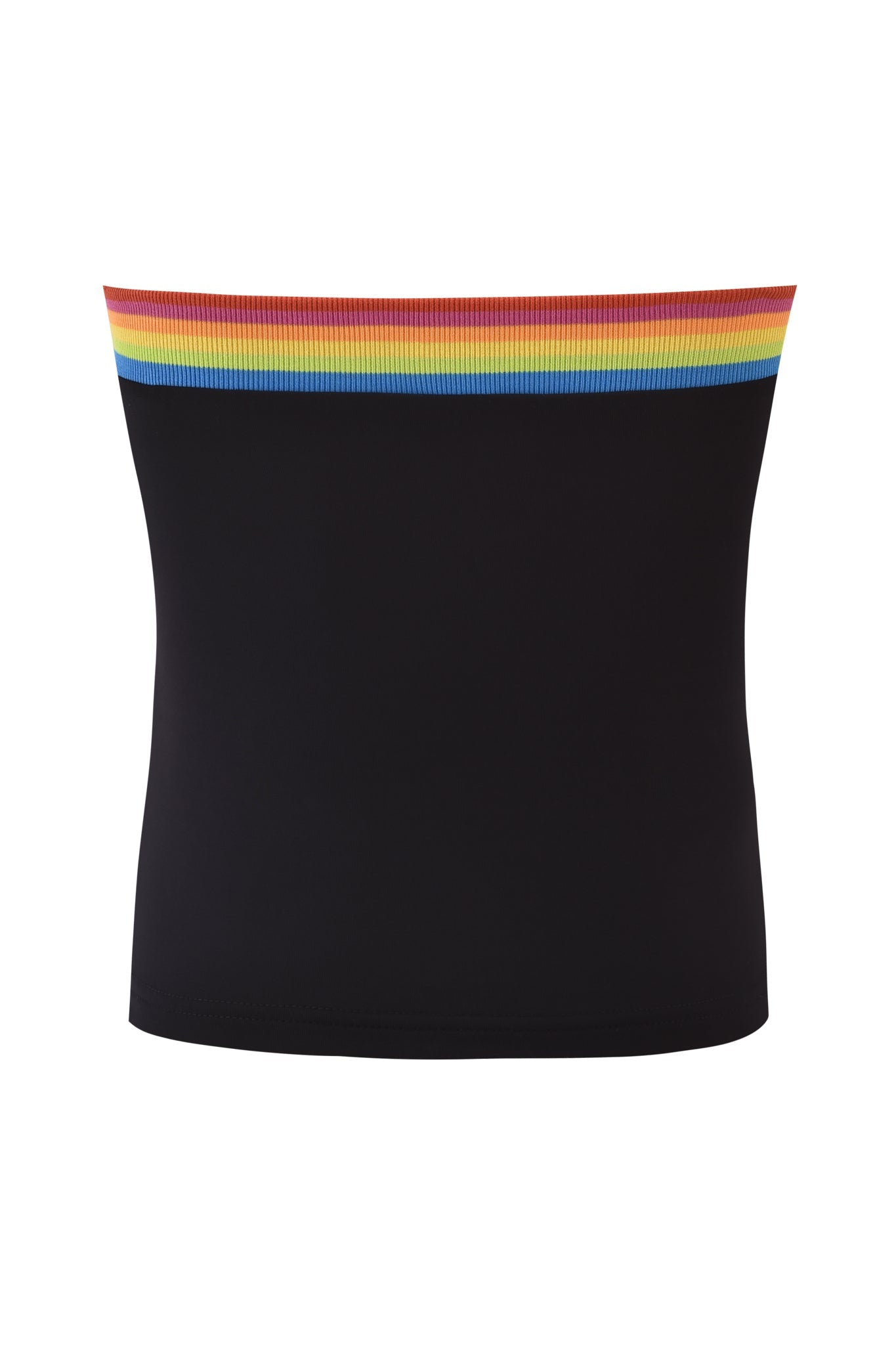 The I.AM.GIA NIJI BOOB TUBE - BLACK is a bodycon fit top with a ribbed, multicolored band of red, orange, yellow, green, and blue stripes across the top, shown on a white background.