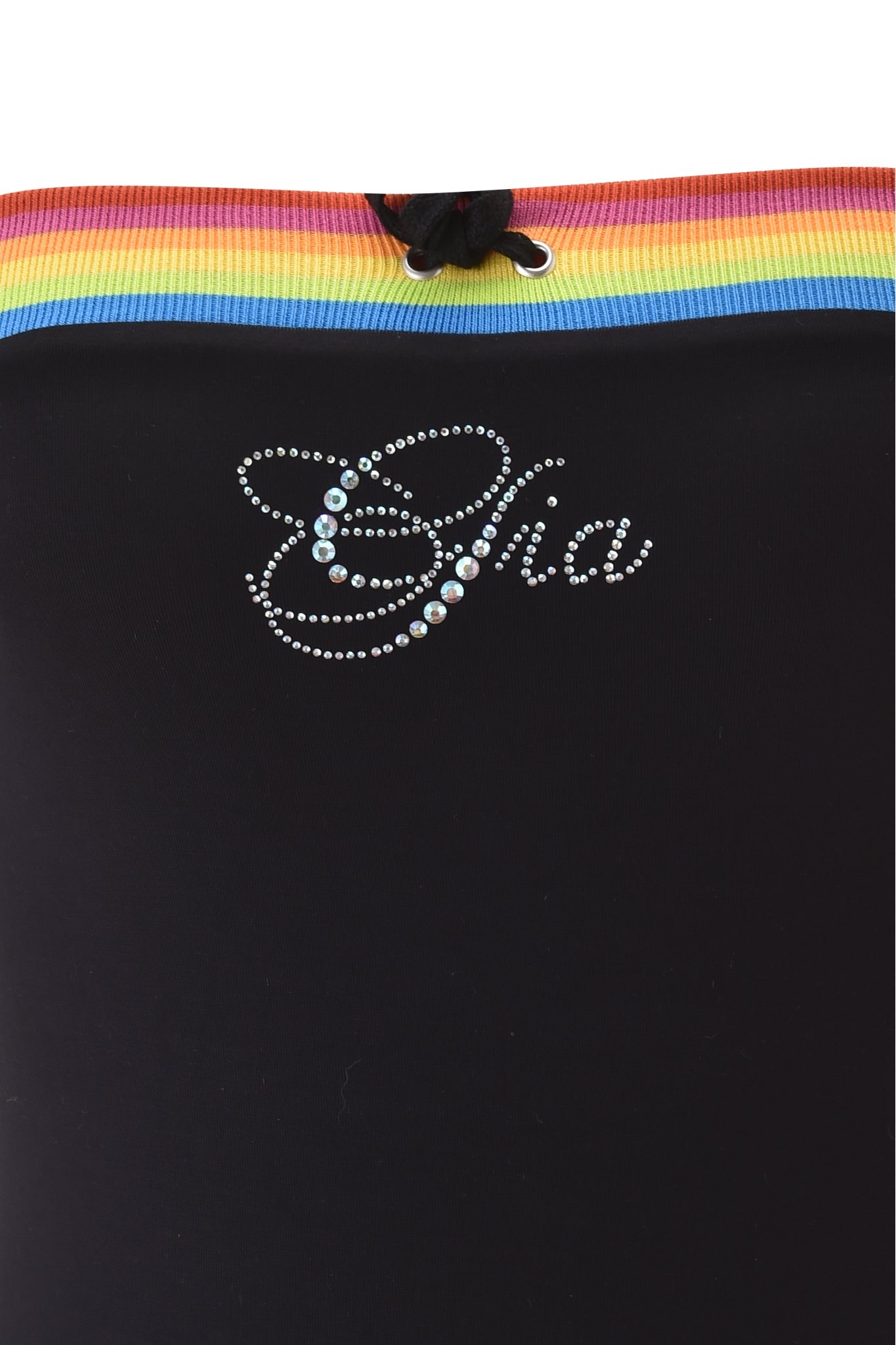 The NIJI BOOB TUBE - BLACK by I.AM.GIA features a rainbow-striped waistband and "GIA" in diamante applique below the band, all in a sleek bodycon fit.