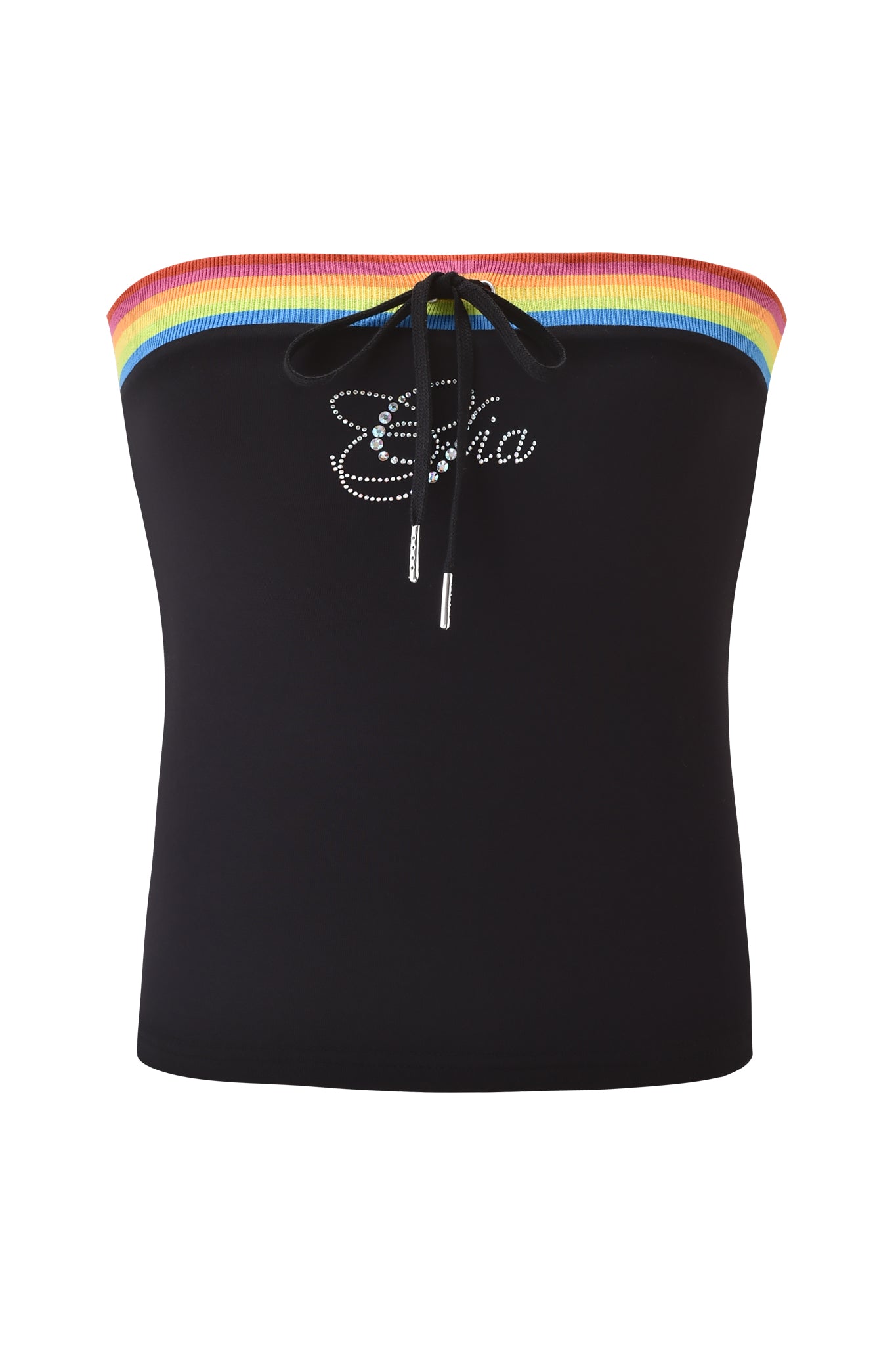 The I.AM.GIA NIJI BOOB TUBE - BLACK features a rainbow trim, front lace-up tie, and “Esha” in diamante applique on the chest. Its bodycon fit delivers a bold statement look.