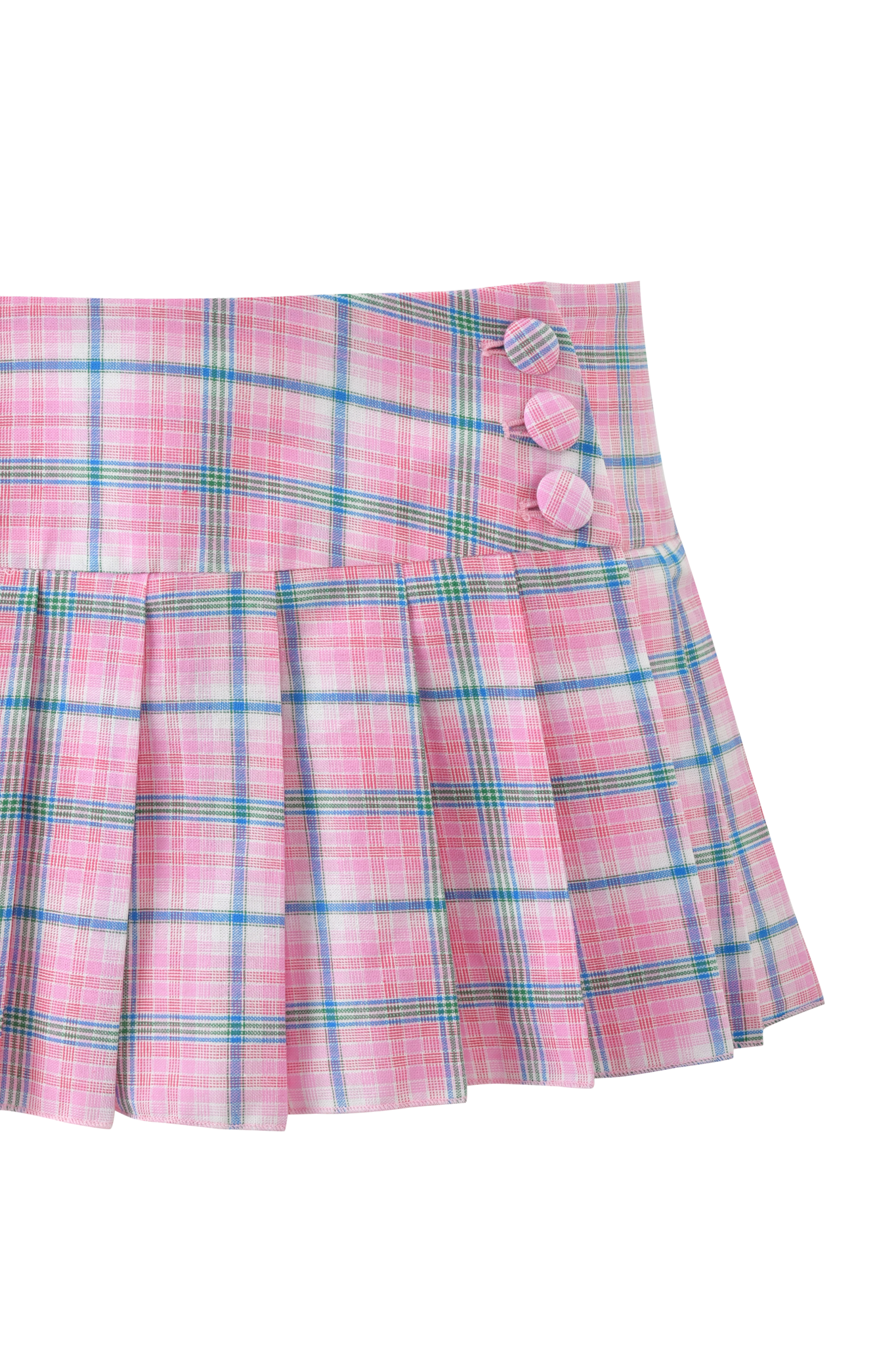 The I.AM.GIA REMINI SKORT in pink plaid is a pleated micro-mini skort featuring blue and white stripes with two matching decorative buttons at the low-rise waist.