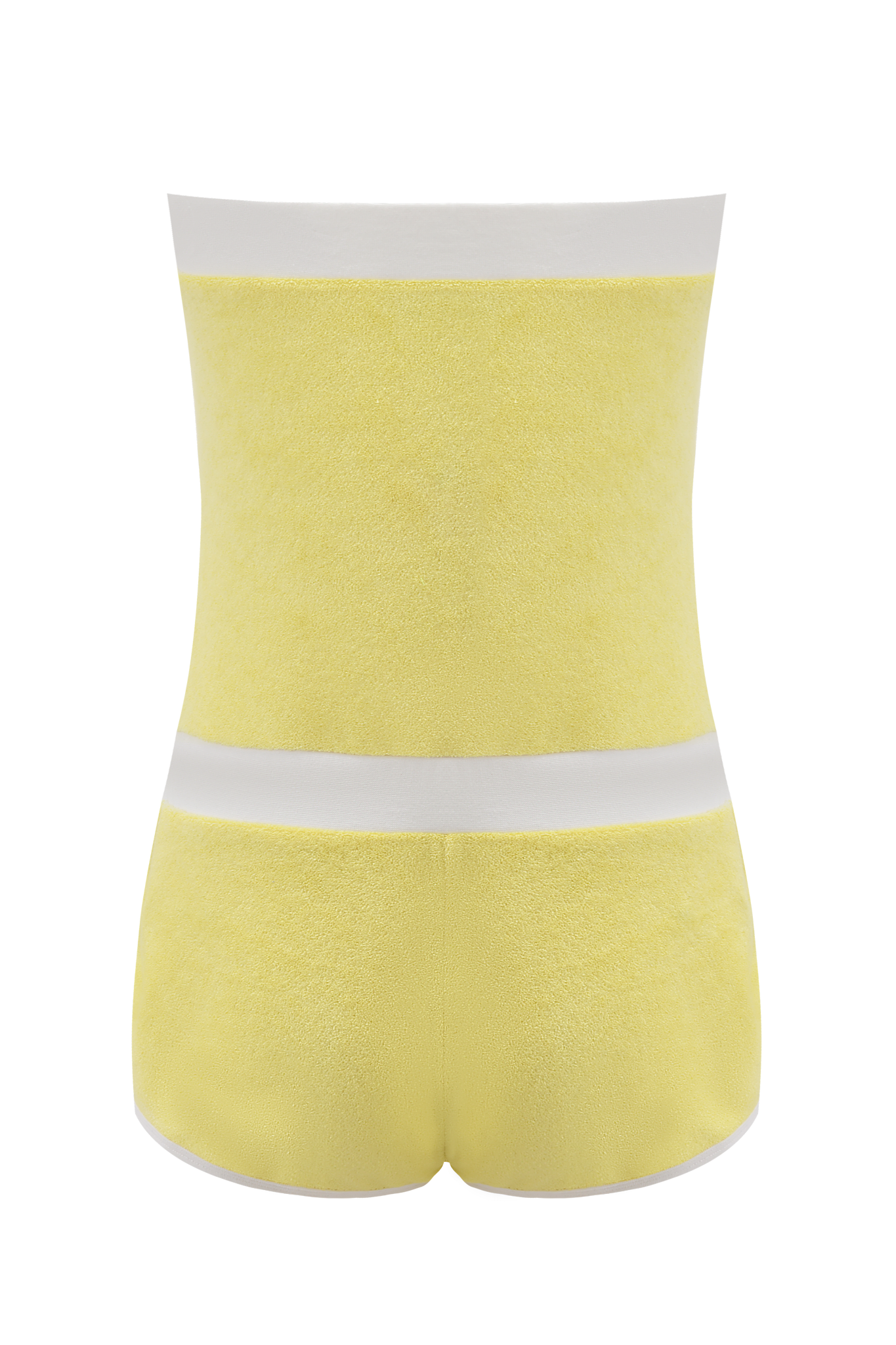 The GOLDIE ROMPER - YELLOW by I.AM.GIA features a fitted, high-waisted pastel yellow terry cloth design with a white waistband and dolphin hem, shown from the back on a plain background.
