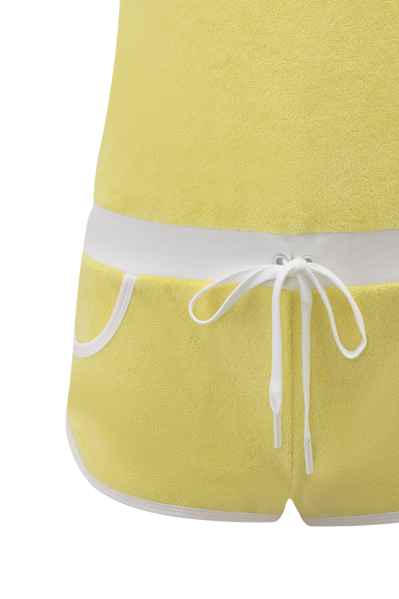 Close-up of a person wearing the I.AM.GIA GOLDIE ROMPER in yellow, featuring white trim, a drawstring waist, and side pockets. The image highlights the lower torso and upper thighs.