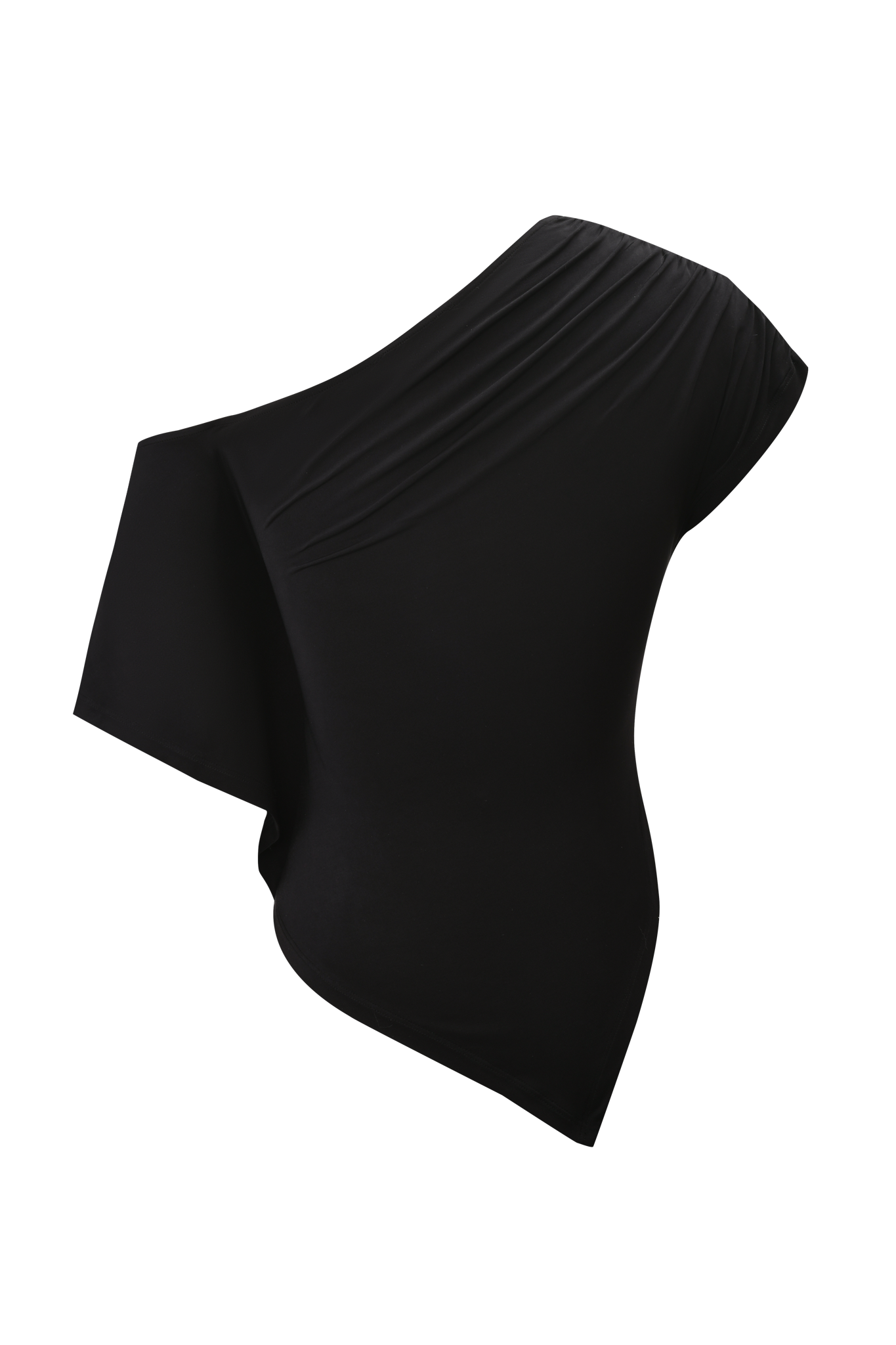 The JOVIE TOP - BLACK by I.AM.GIA is a black, one-shoulder bodysuit with ruched shoulder detailing, an asymmetrical neckline, and a sleek bodycon fit.