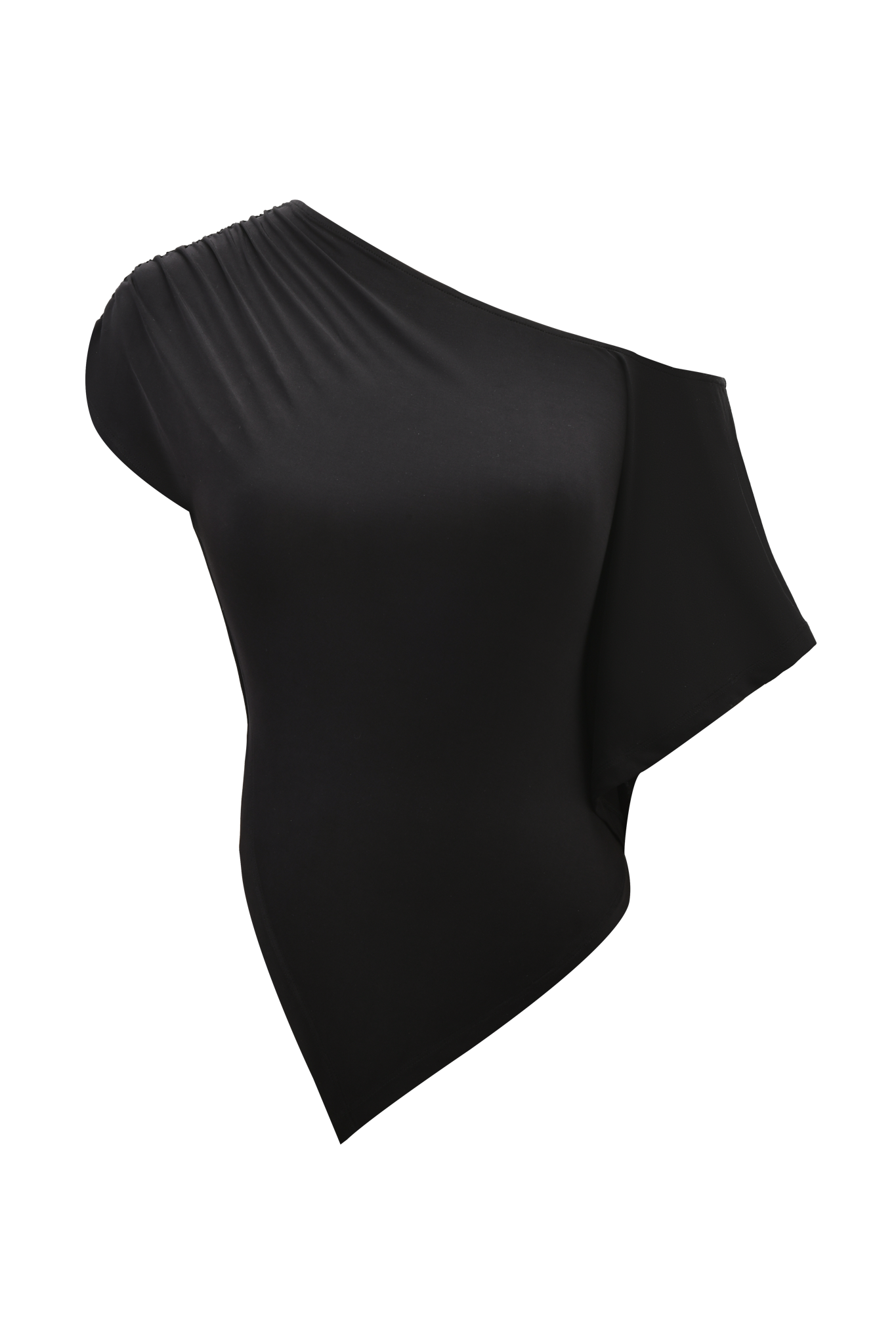 The JOVIE TOP - BLACK by I.AM.GIA is a black, one-shoulder bodycon top featuring a single ruffled sleeve and an asymmetrical hem with gathered detailing at the shoulder for a chic, modern look.