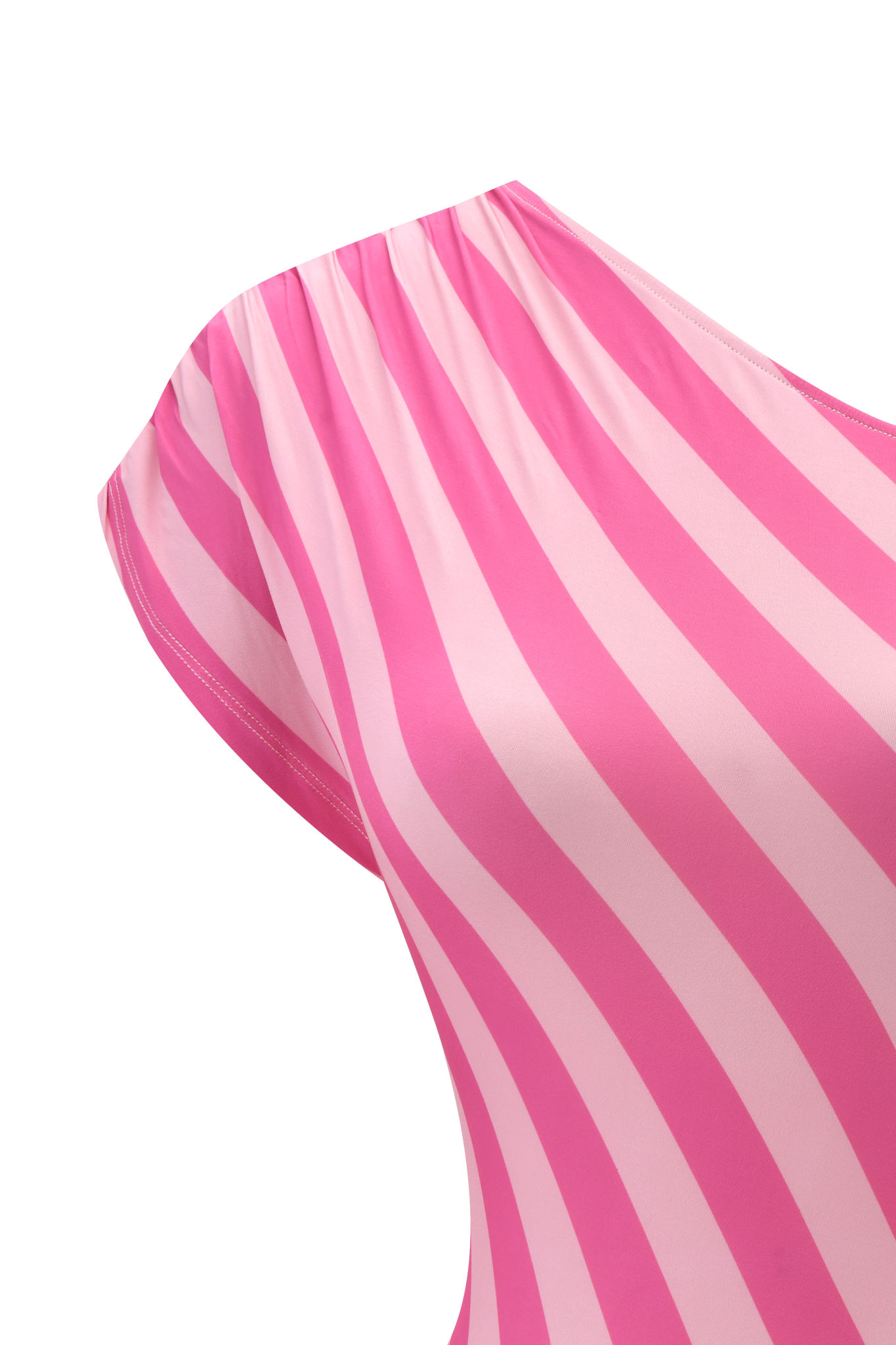 A close-up of the JOVIE TOP - PINK STRIPE by I.AM.GIA shows pink and light pink stripes draped in gentle folds, with curved lines that create the flowing look of a poncho-style top.
