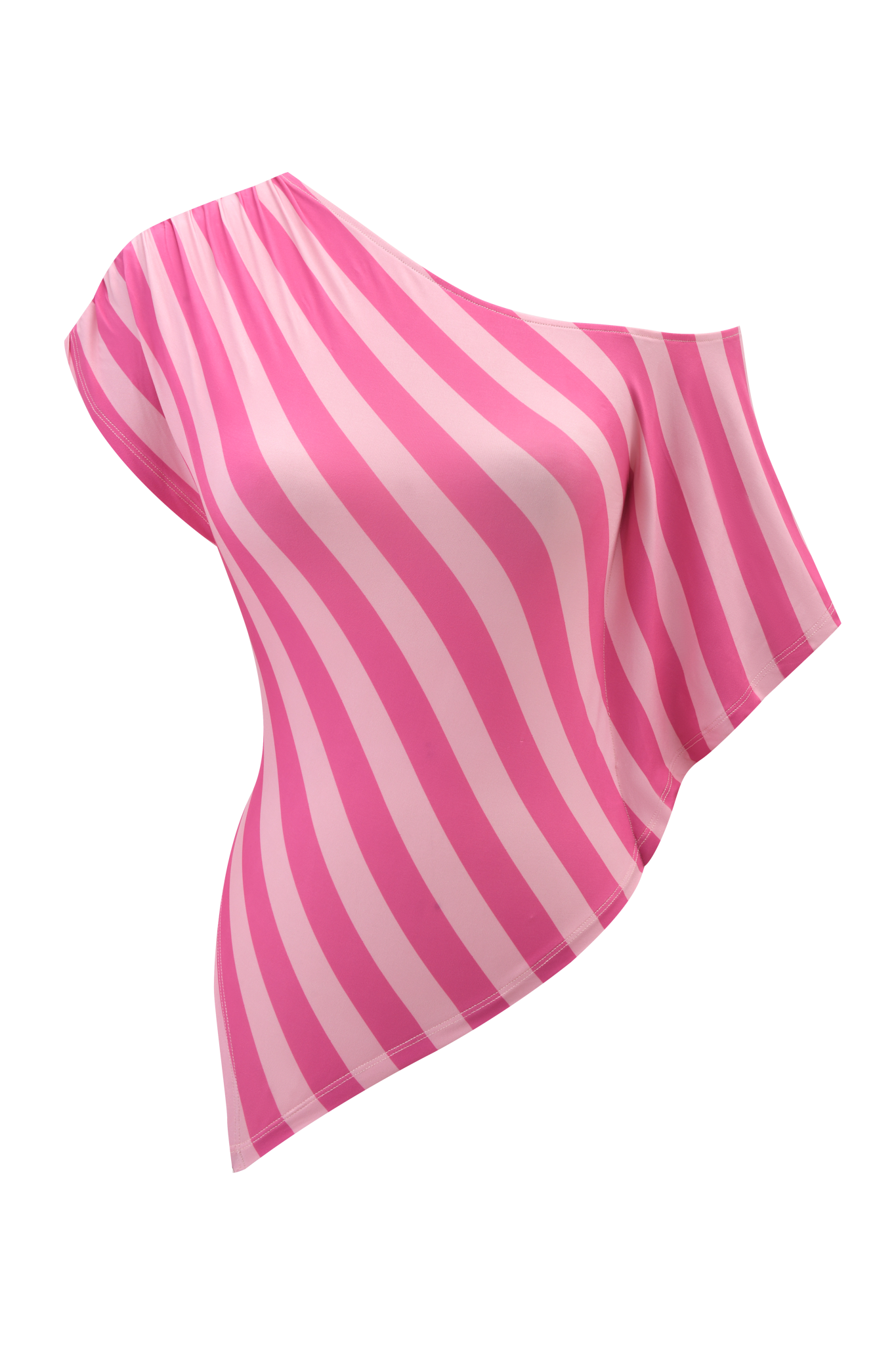 The JOVIE TOP - PINK STRIPE by I.AM.GIA, featuring wavy pink and white diagonal stripes in a poncho style, appears to float mid-air against a matching striped background.