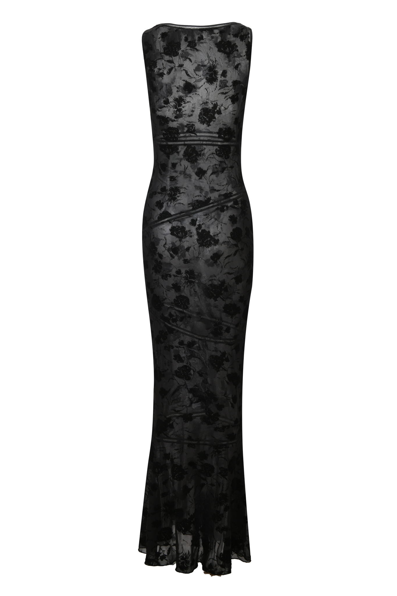 The VENETIA MAXI DRESS - BLACK by I.AM.GIA is a strapless, floor-length dress with a fitted silhouette, subtle floral devore burnout, velvet-touch fabric with slight gloss, delicate seam detailing, and flared hem.