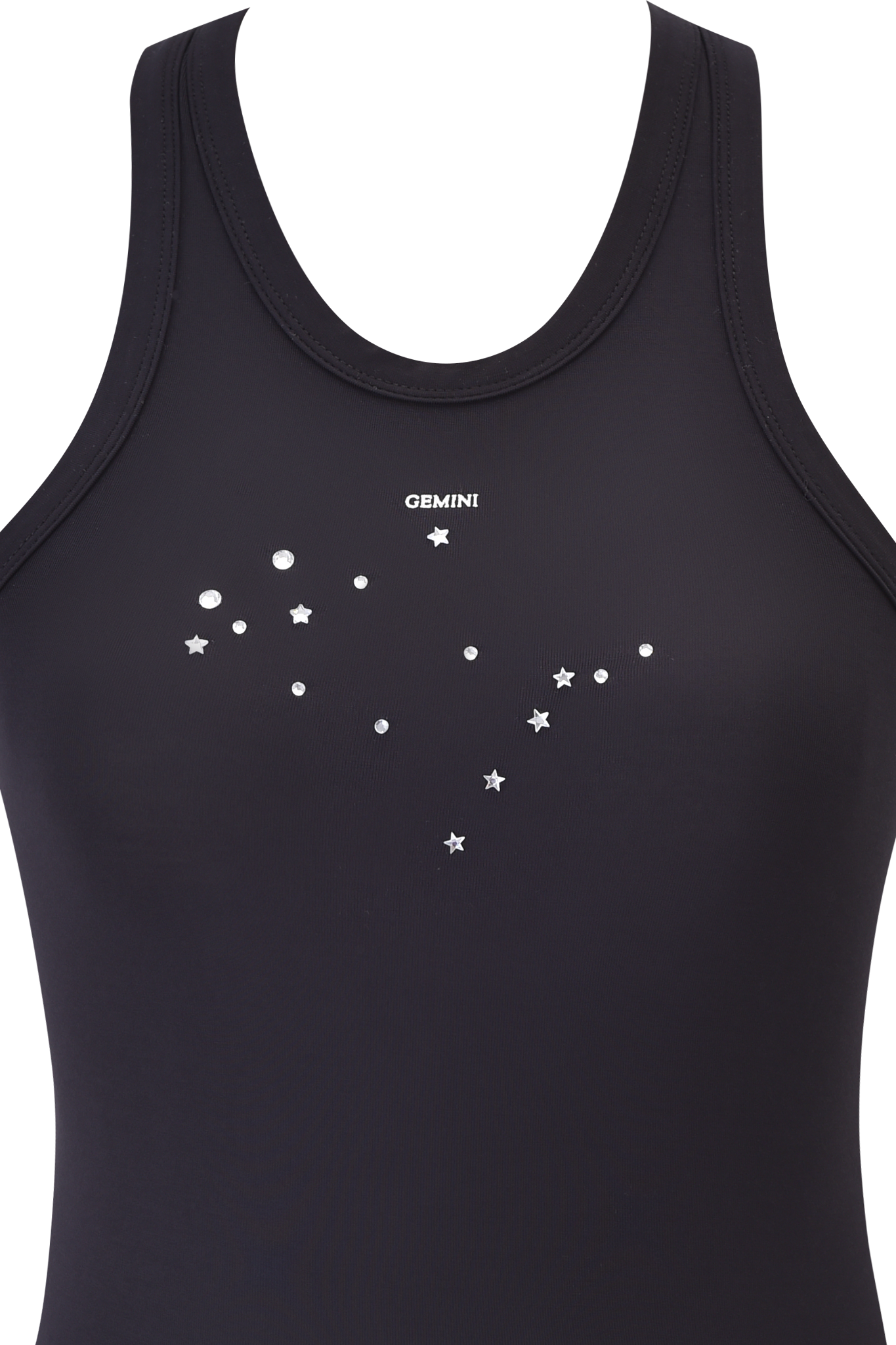 A close-up of the I.AM.GIA GEMINI ZODIAC TANK - BLACK, featuring "GEMINI" and a white Gemini constellation with stars and circles printed on the chest.