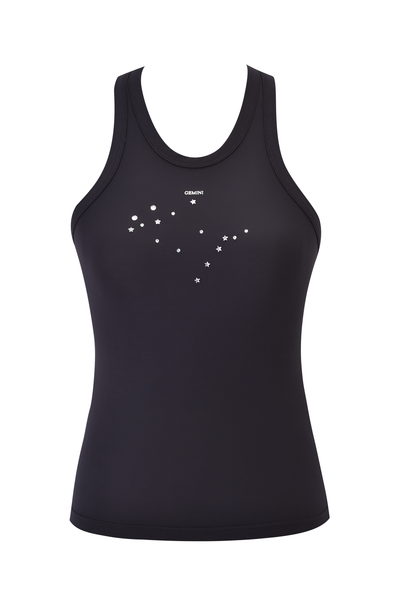 The I.AM.GIA GEMINI ZODIAC TANK - BLACK is a sleeveless, fitted racer-style top with a white Gemini constellation dot graphic on the chest.