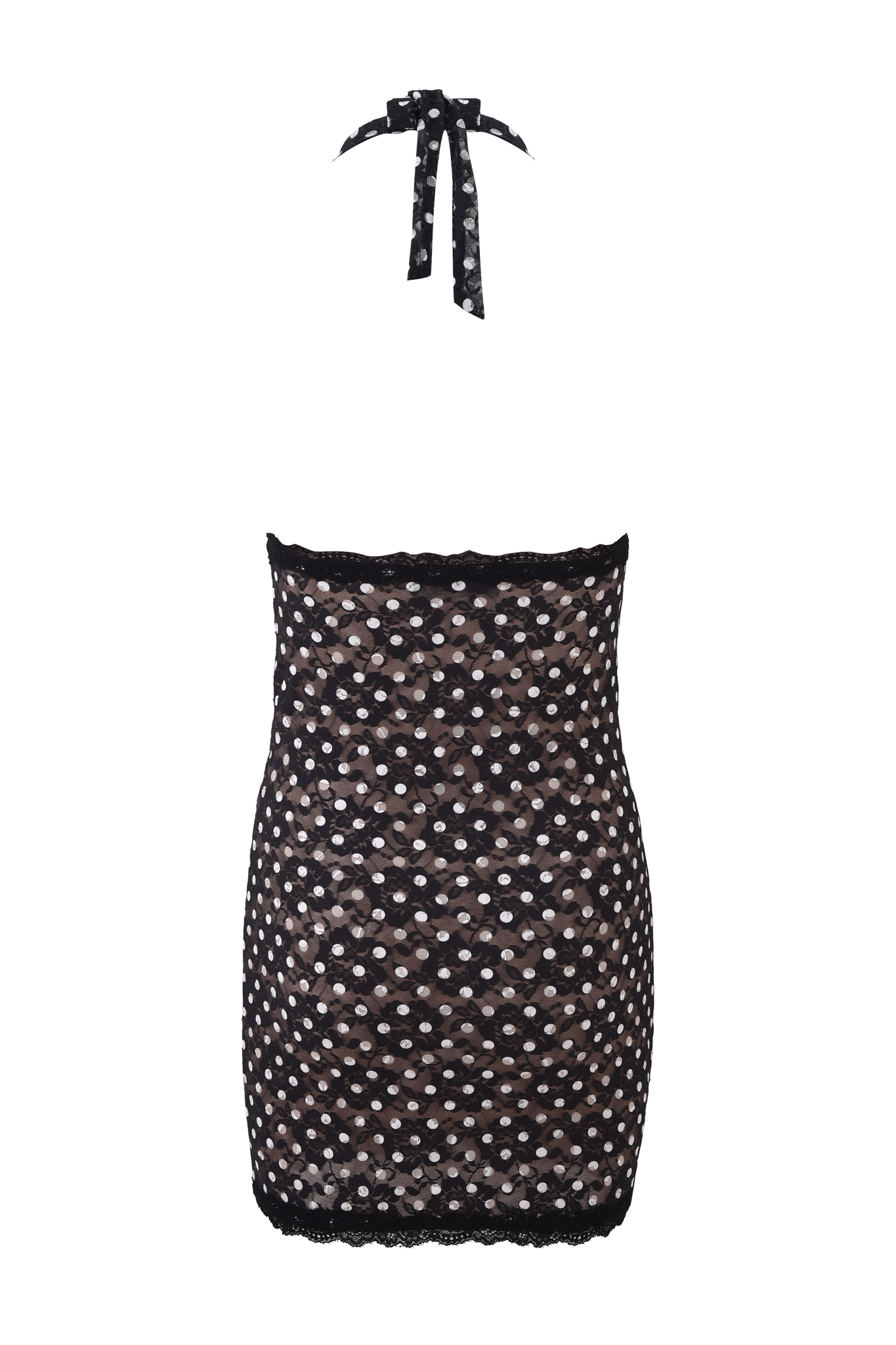 The GEM MINI DRESS - BLACK by I.AM.GIA is a sheer black mini dress with white polka dots, featuring delicate lace trim on the halter neckline and hem.