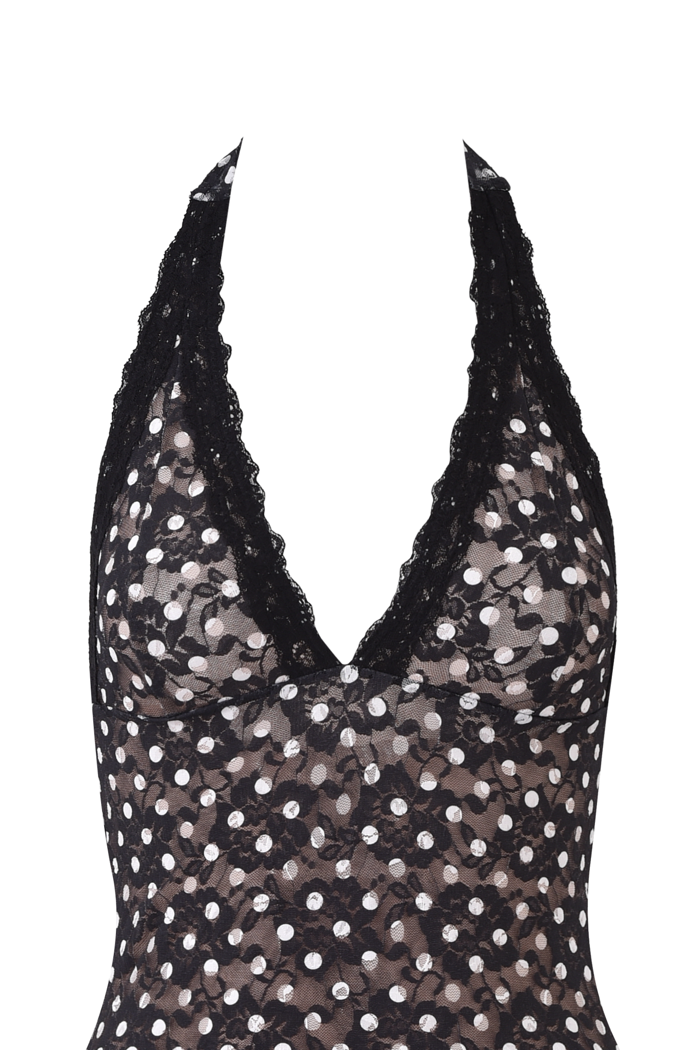 The I.AM.GIA GEM MINI DRESS in black features sheer lace with white polka dots, a halter neckline, plunging front, and scalloped trim—ideal for making a bold statement in a polka dot mini dress.