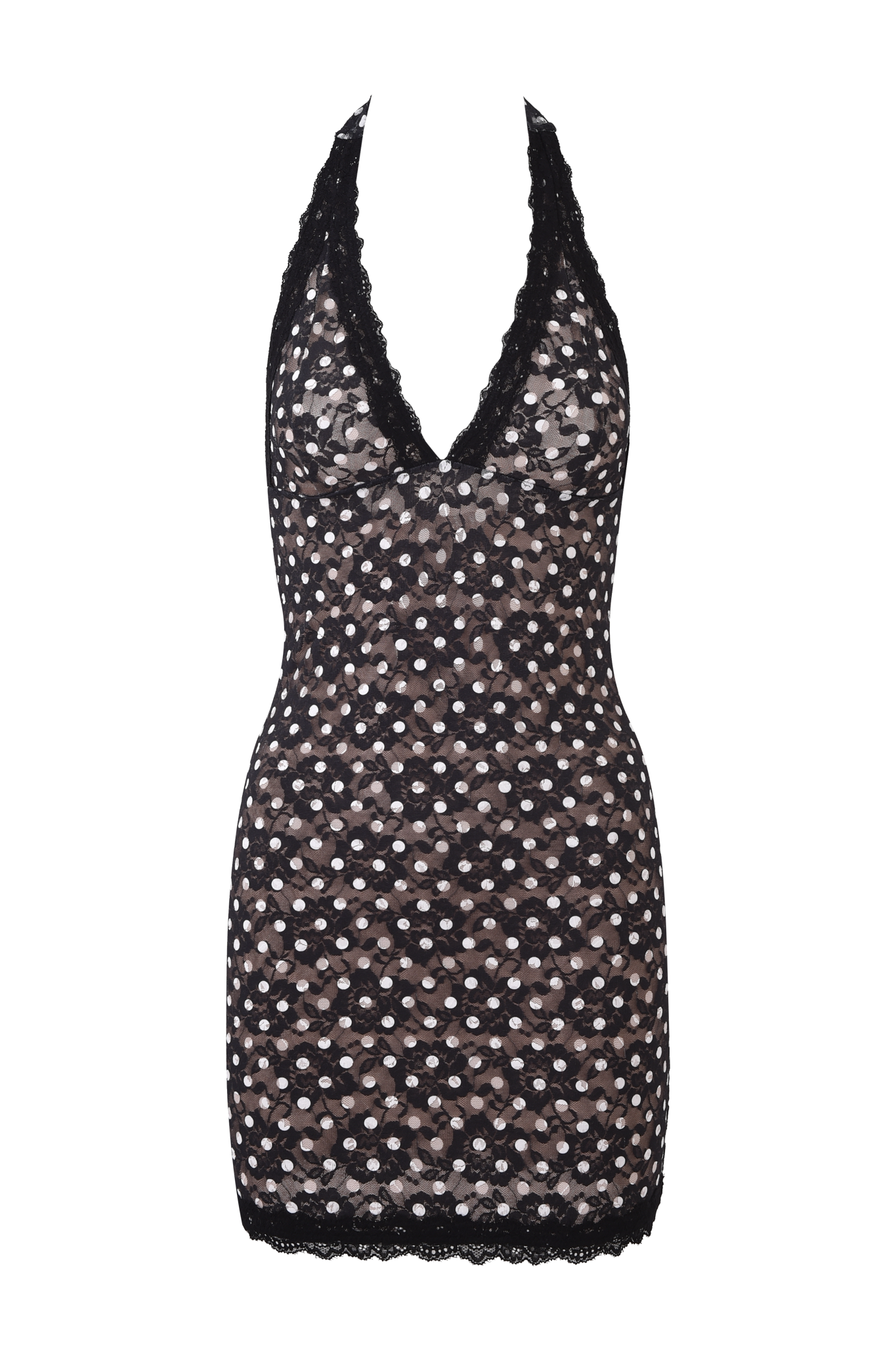 The GEM MINI DRESS - BLACK by I.AM.GIA is a sleeveless, fitted mini dress featuring a semi-sheer lace halter design, deep V-neckline, and white polka dot pattern.