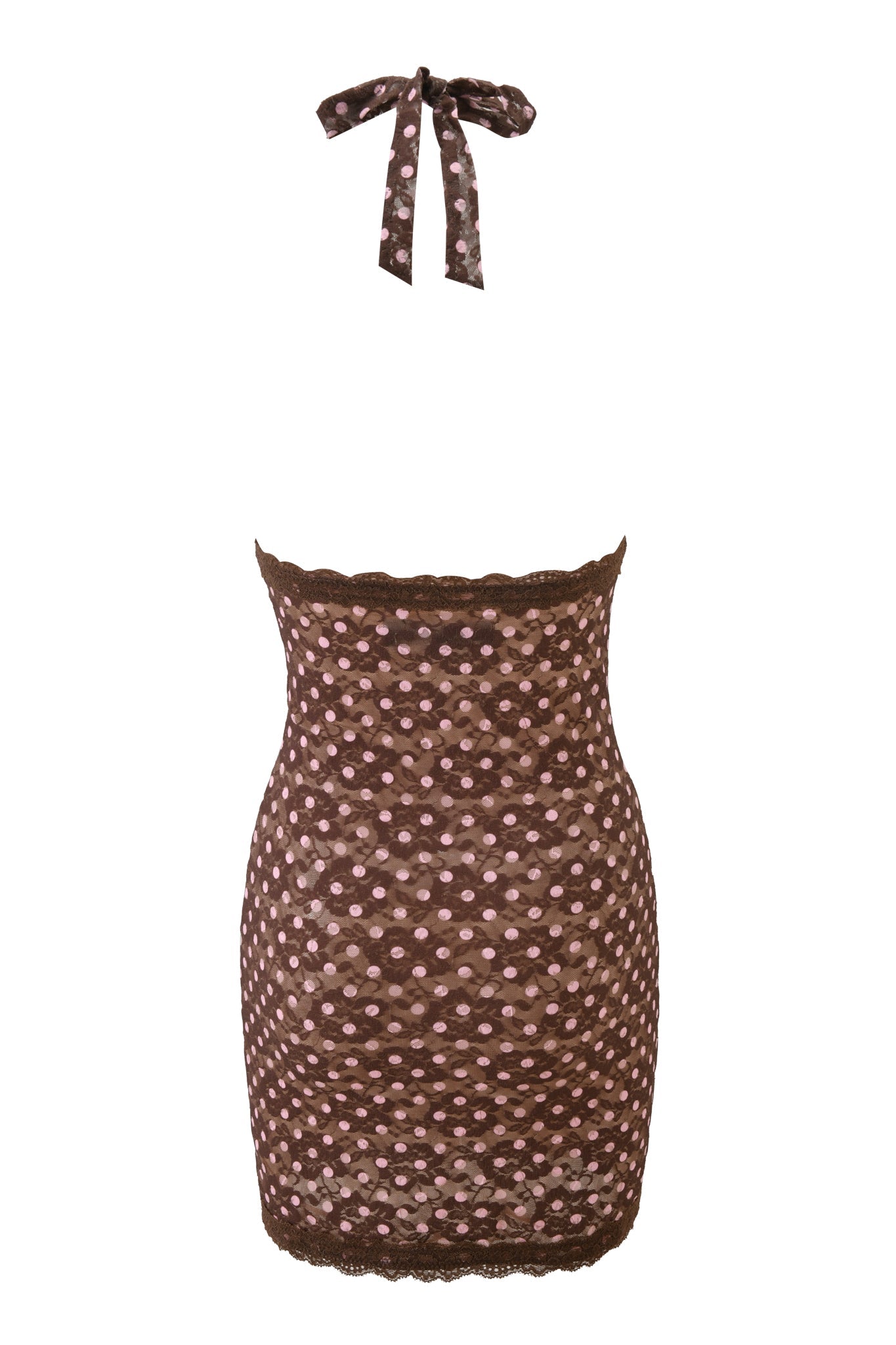 The GEM MINI DRESS - PINK CHOCOLATE by I.AM.GIA is a strapless, sheer brown mini dress with pink polka dots and scalloped edges, paired with a matching brown and pink polka dot halter neck tie.