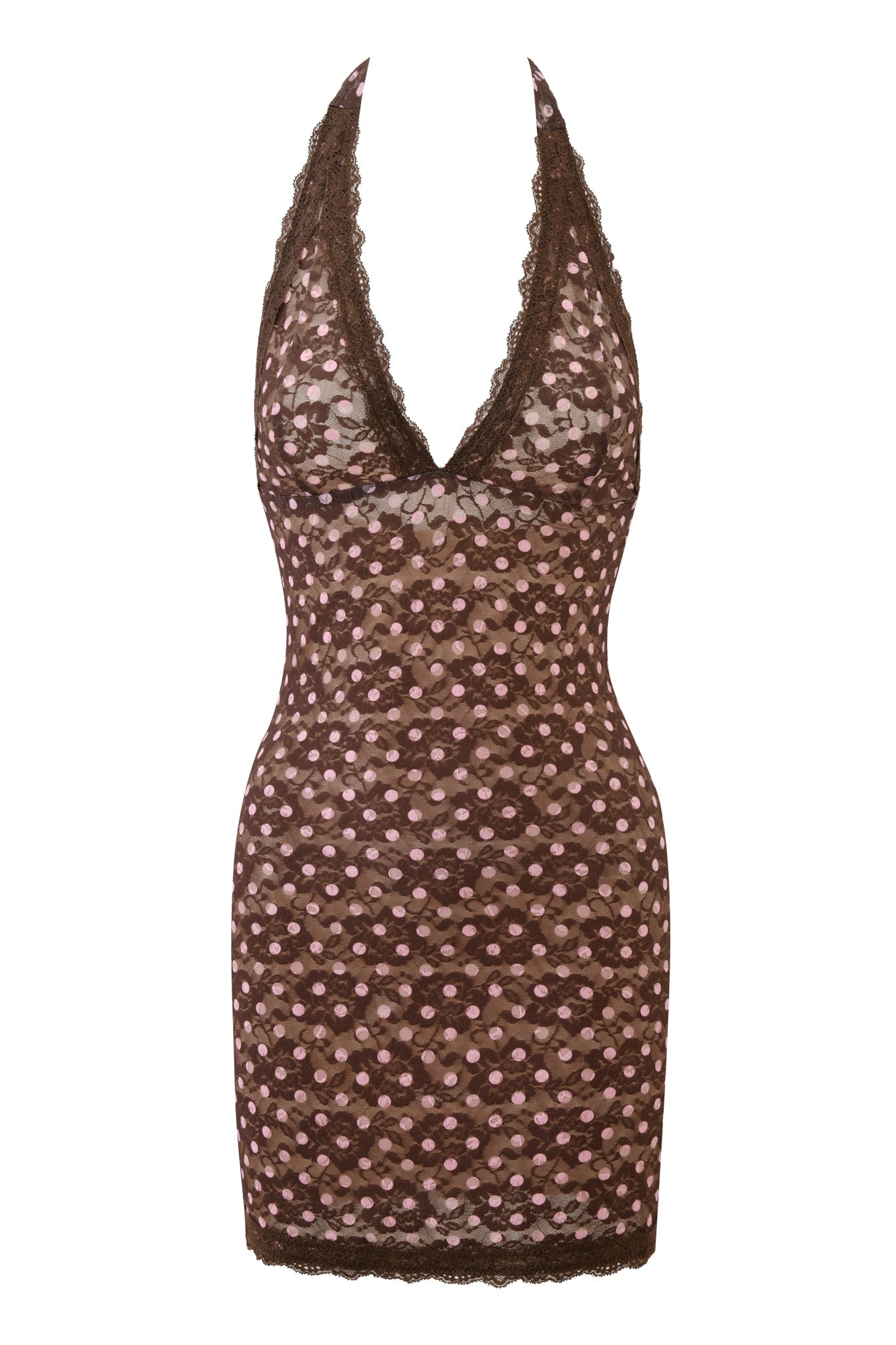 The GEM MINI DRESS - PINK CHOCOLATE by I.AM.GIA is a sleeveless, fitted brown lace mini dress with pink polka dots, halter neckline, and scalloped lace trim at the neckline and hem.