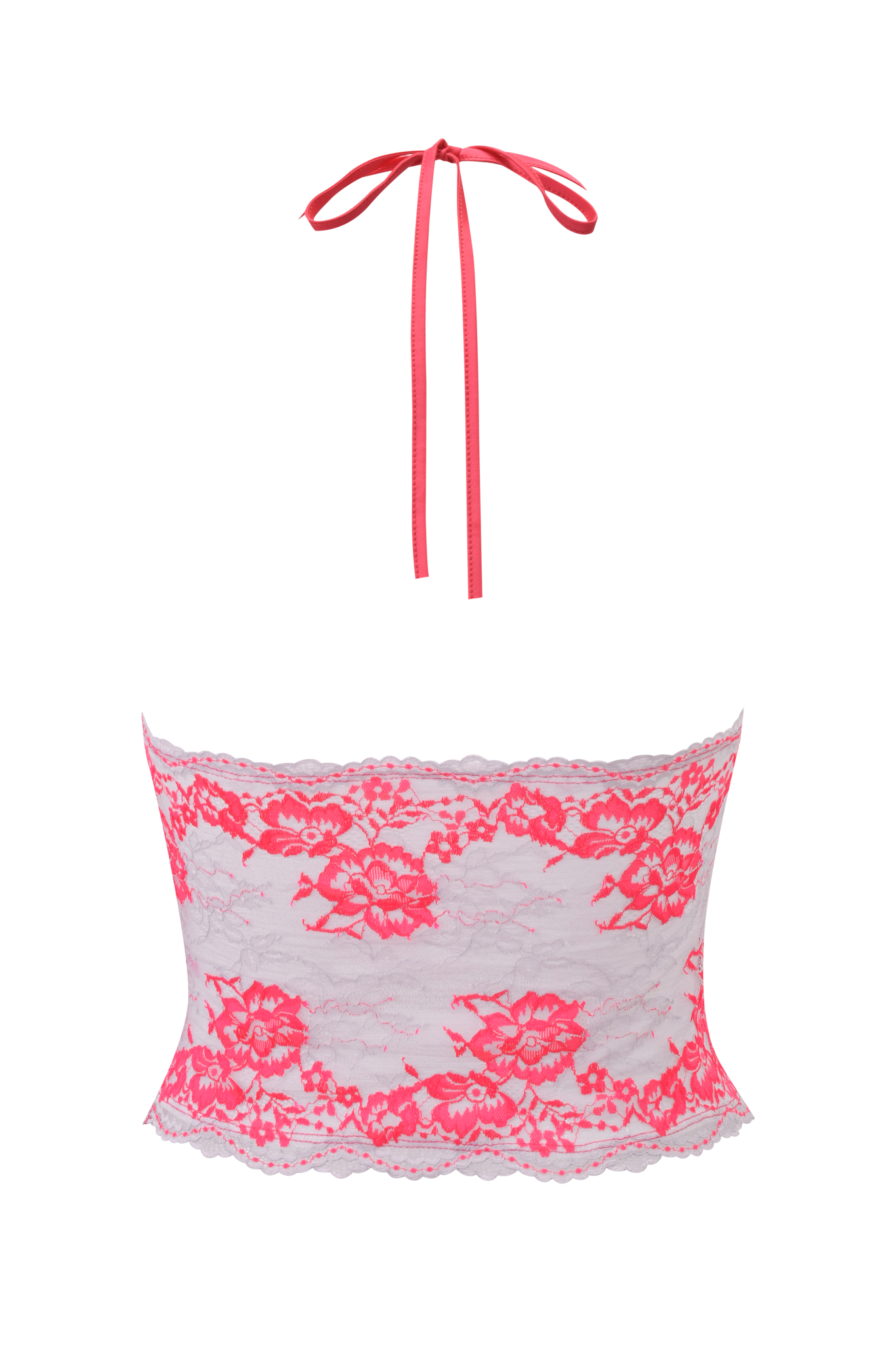 The GEM HALTER TOP - NEON PINK by I.AM.GIA is a neon pink halter neck crop top with white lace fabric, floral patterns, and thin pink straps that tie at the neck.