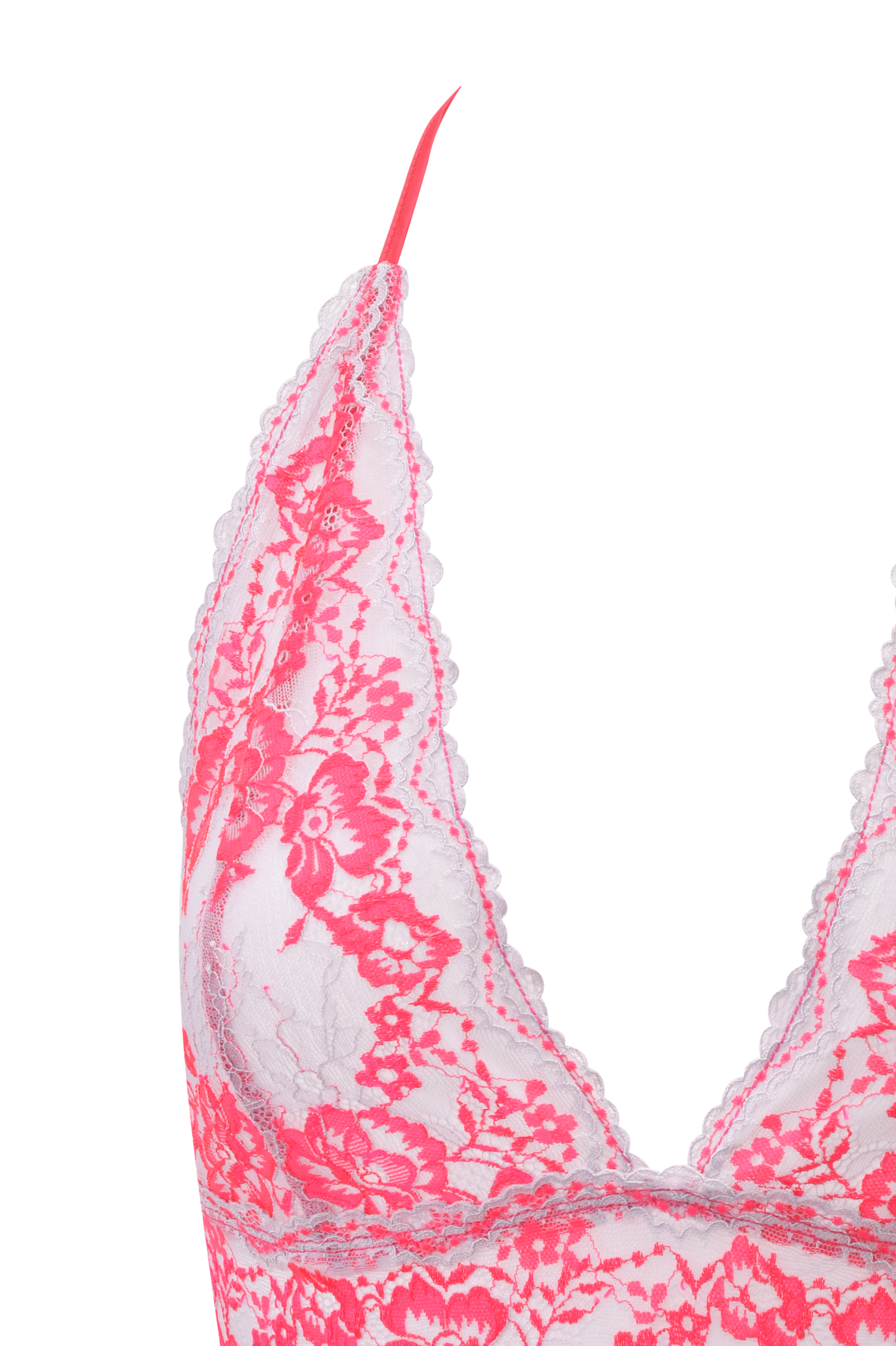 Close-up of the I.AM.GIA GEM HALTER TOP in neon pink, showcasing floral lace patterns, a deep V-neckline, and delicate fabrication against a white background.