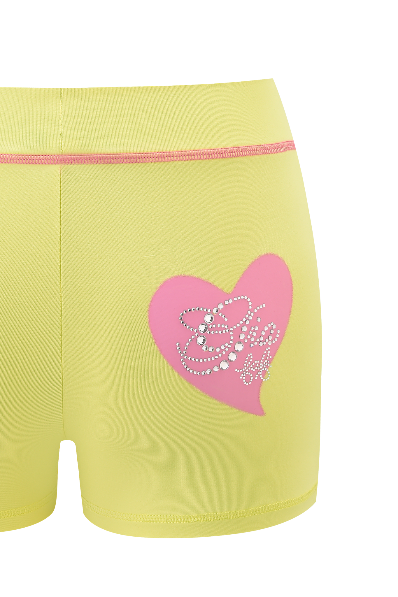 The FAFI BLARE SHORT - YELLOW by I.AM.GIA features a pink heart and “Bling” in rhinestones on the left, plus pink accents and an elastic waistband for comfort.