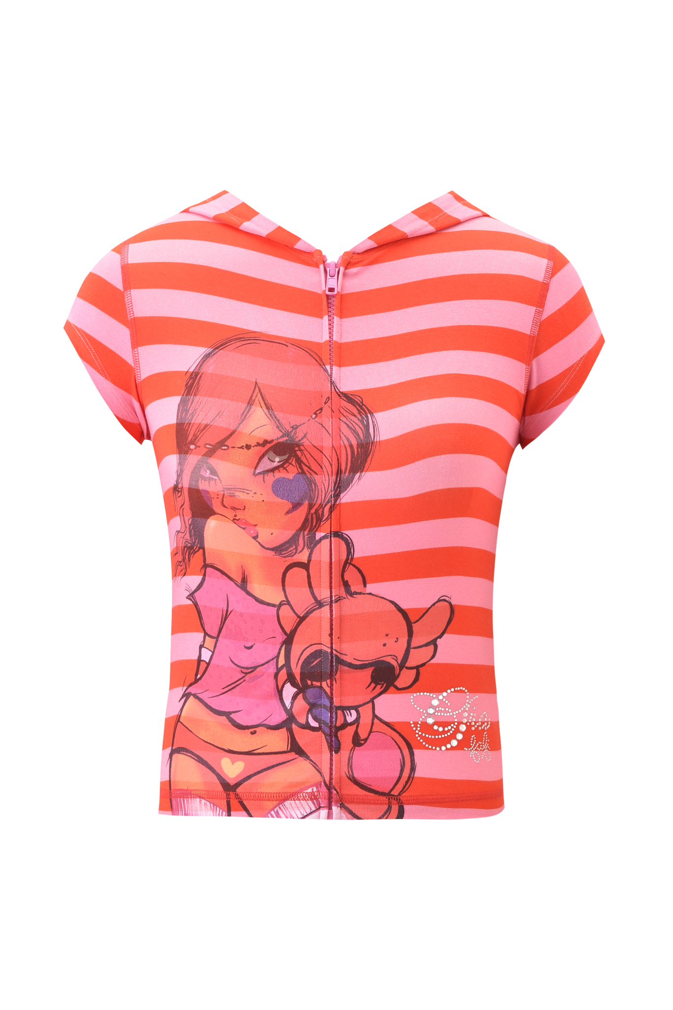 The I.AM.GIA FAFI BLARE CAP SLEEVE HOODIE in pink stripe features an anime-style Fafinette girl holding a plush toy and includes diamanté accents on a white heart and a graphic on the lower right side.