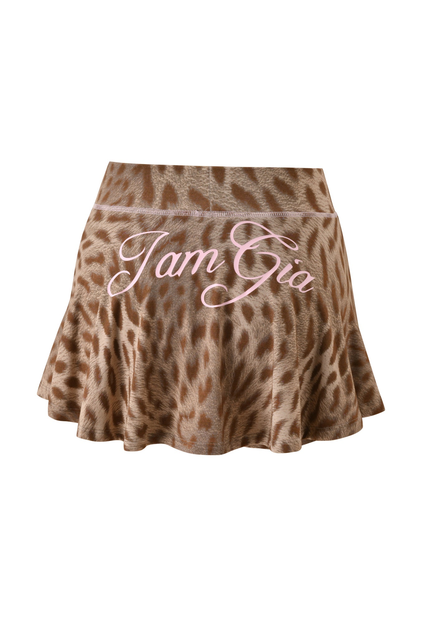 The BLARE SKORT - BLAZE CHEETAH by I.AM.GIA is a brown cheetah print mini skort featuring “I.AM.GIA” in pink cursive across the waistband.