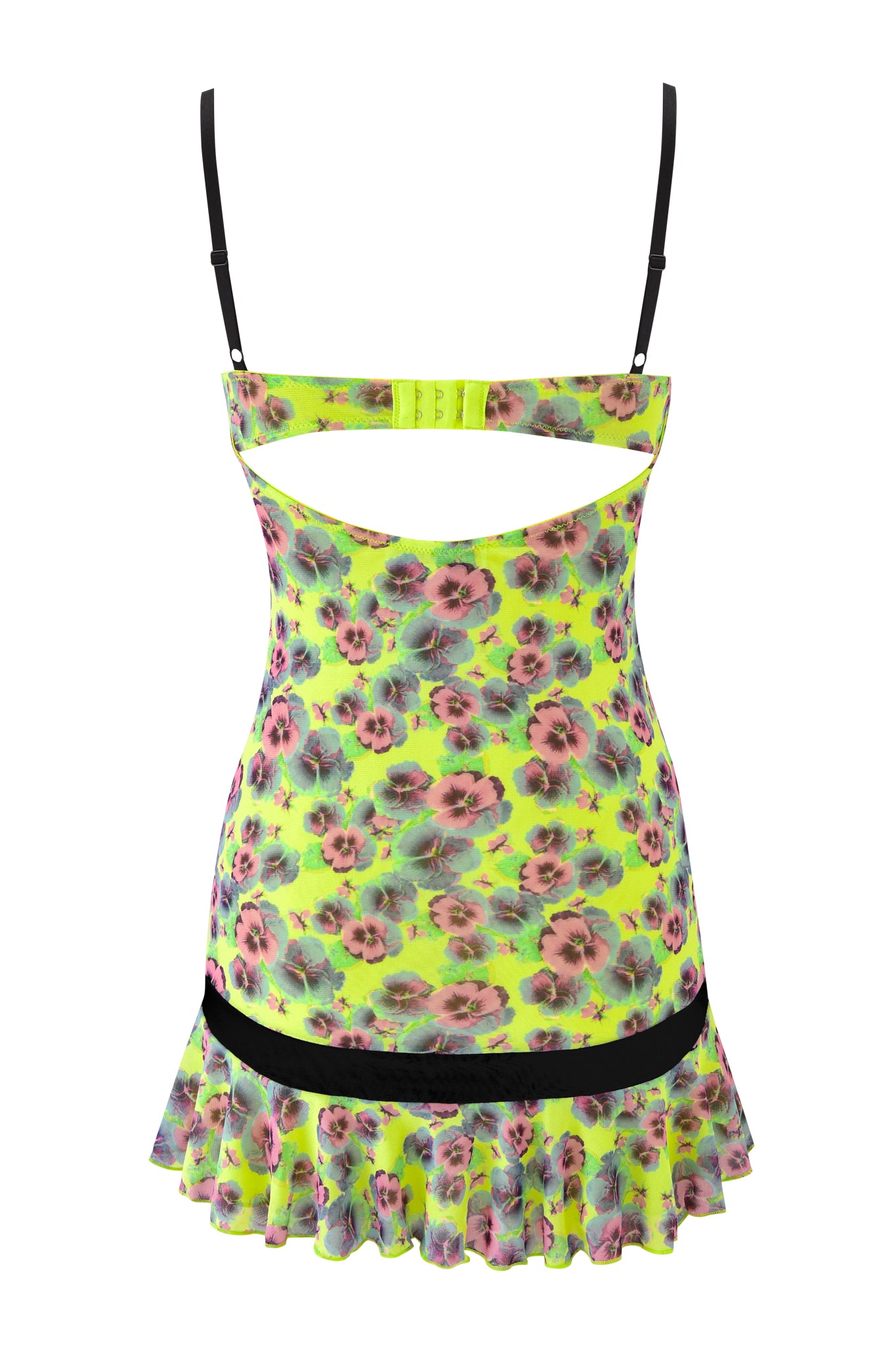 The SUZIE MESH AND LACE MINI DRESS - SASSY PANSY by I.AM.GIA features a sleeveless neon yellow-green base with pink and purple floral print, black adjustable straps, a back cutout, black horizontal band, and ruffled hem.