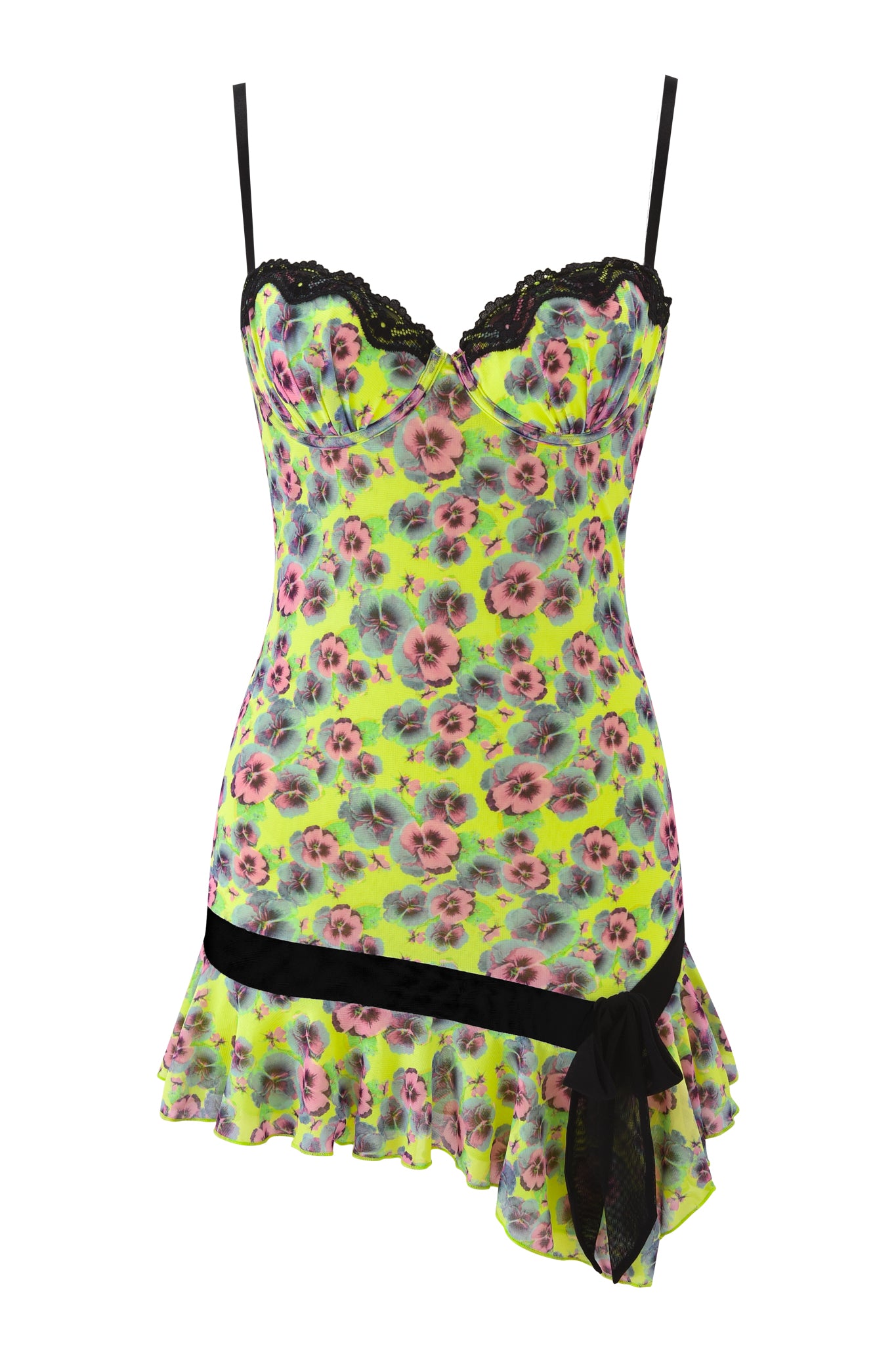 The SUZIE MESH AND LACE MINI DRESS - SASSY PANSY by I.AM.GIA features neon pink and purple floral print, black lace trim, black straps, an asymmetrical ruffled hem with a black ribbon accent for a bold statement.