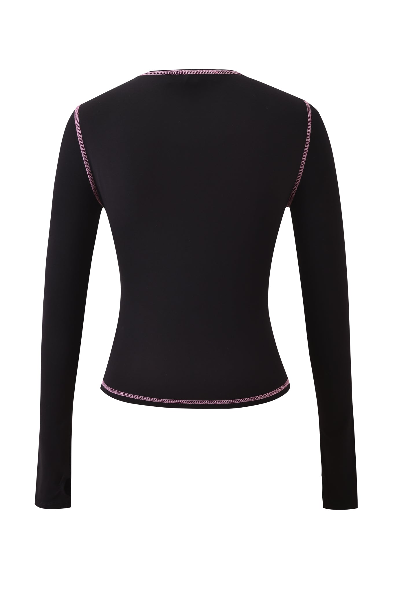The BLARE LONG SLEEVE TOP - BLACK by I.AM.GIA is a fitted black top with bold pink contrast stitching along the seams, neckline, and hem, shown from the back for striking detail.