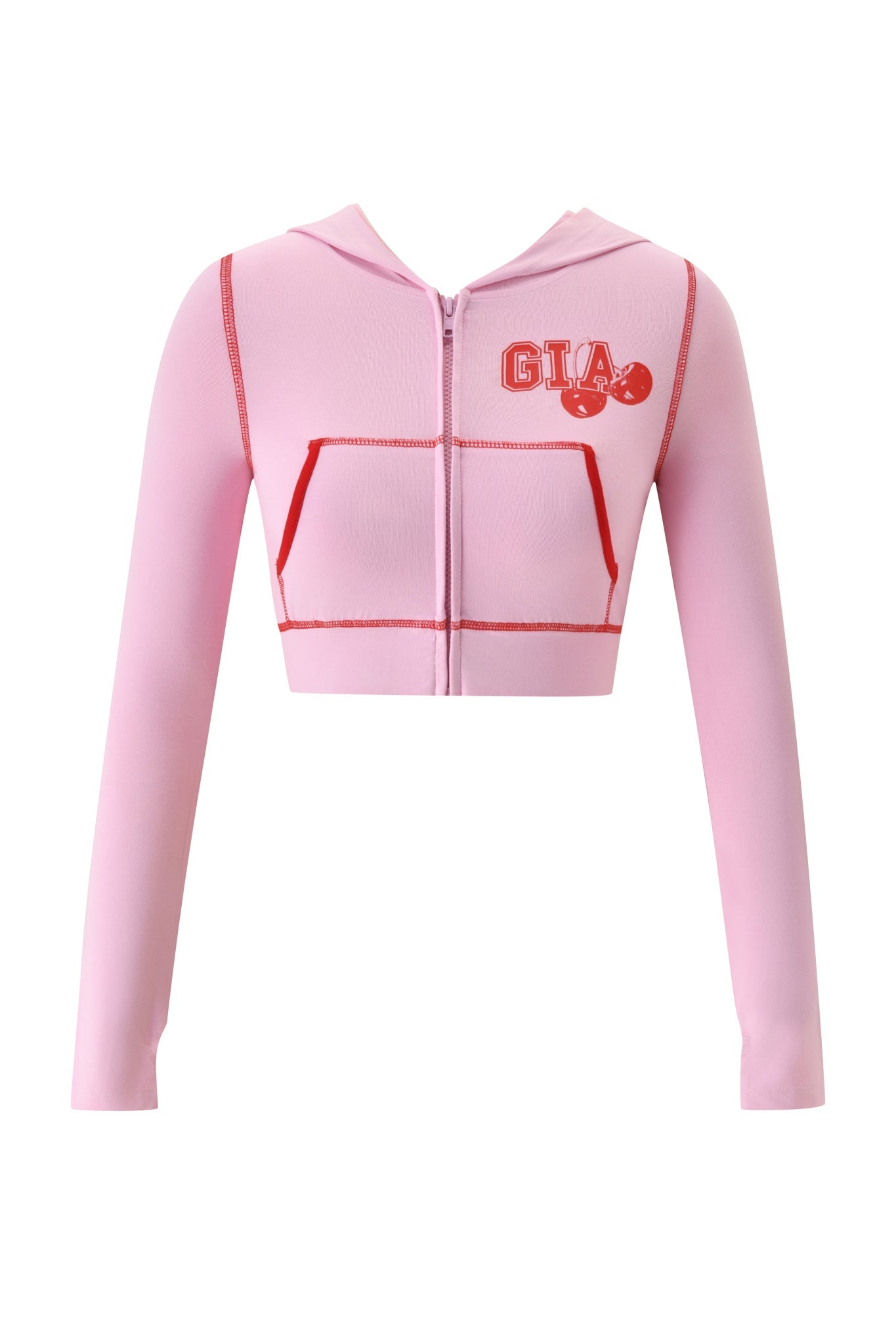 Add a fresh twist to your casual wardrobe with the I.AM.GIA BLARE CROPPED HOODIE in baby pink—a playful zip-up featuring bold red trim, front pockets, and "GIA" with cherries on the left chest.