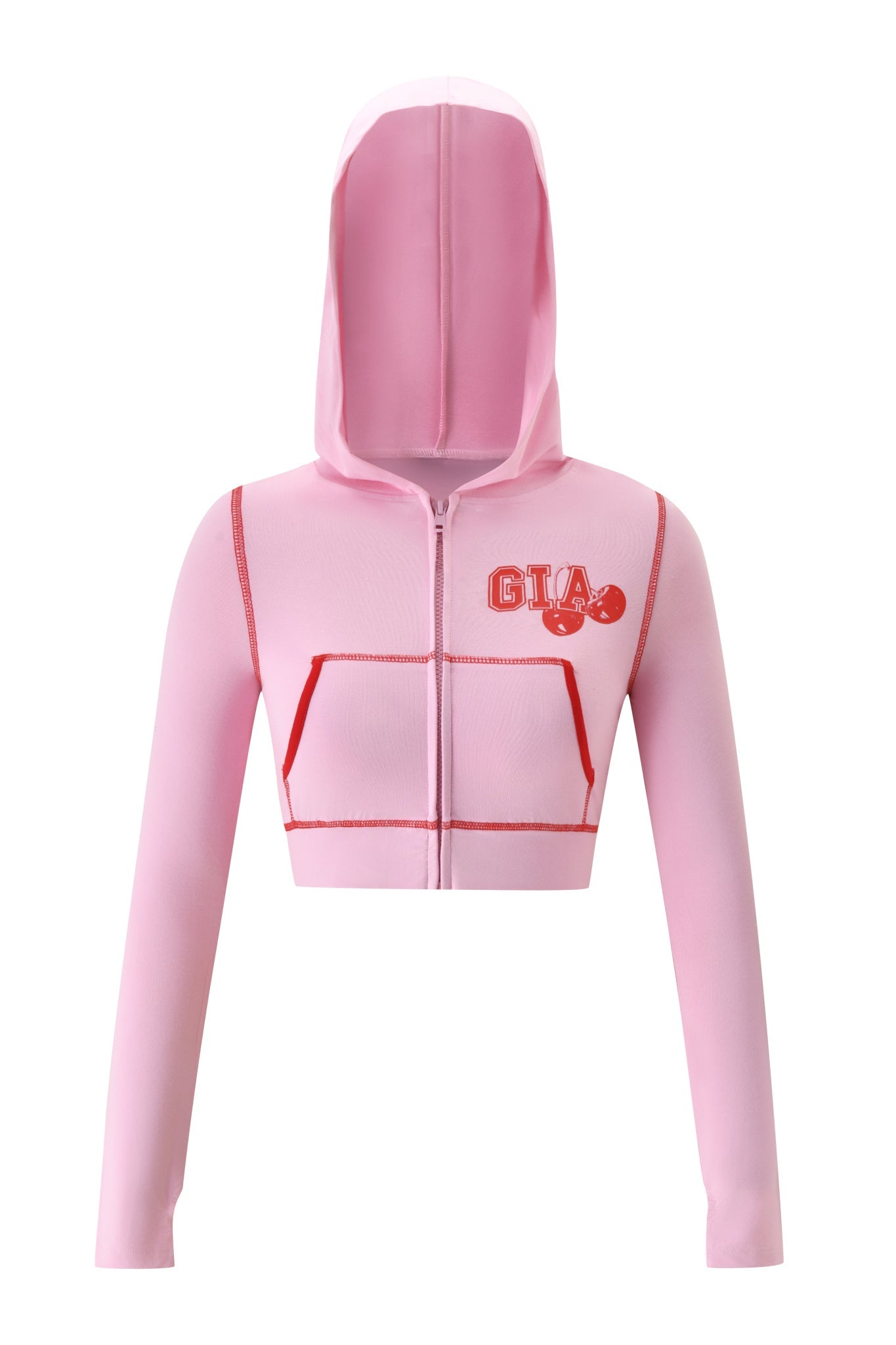 The BLARE CROPPED HOODIE - BABY PINK by I.AM.GIA features long sleeves, a front zipper, a hood, and striking red detailing. The left chest is adorned with the "GTA" lettering and a playful cherry graphic, making this pink hoodie both fun and fashionable.