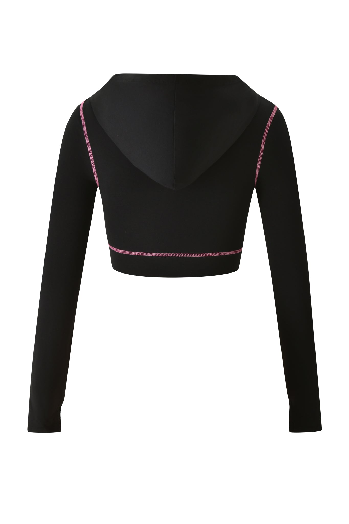 The BLARE CROPPED HOODIE - BLACK by I.AM.GIA is a black, long-sleeve cropped hoodie with pink contrast stitching, displayed on a white background. The back view highlights the hood and the distinctive seam detailing.