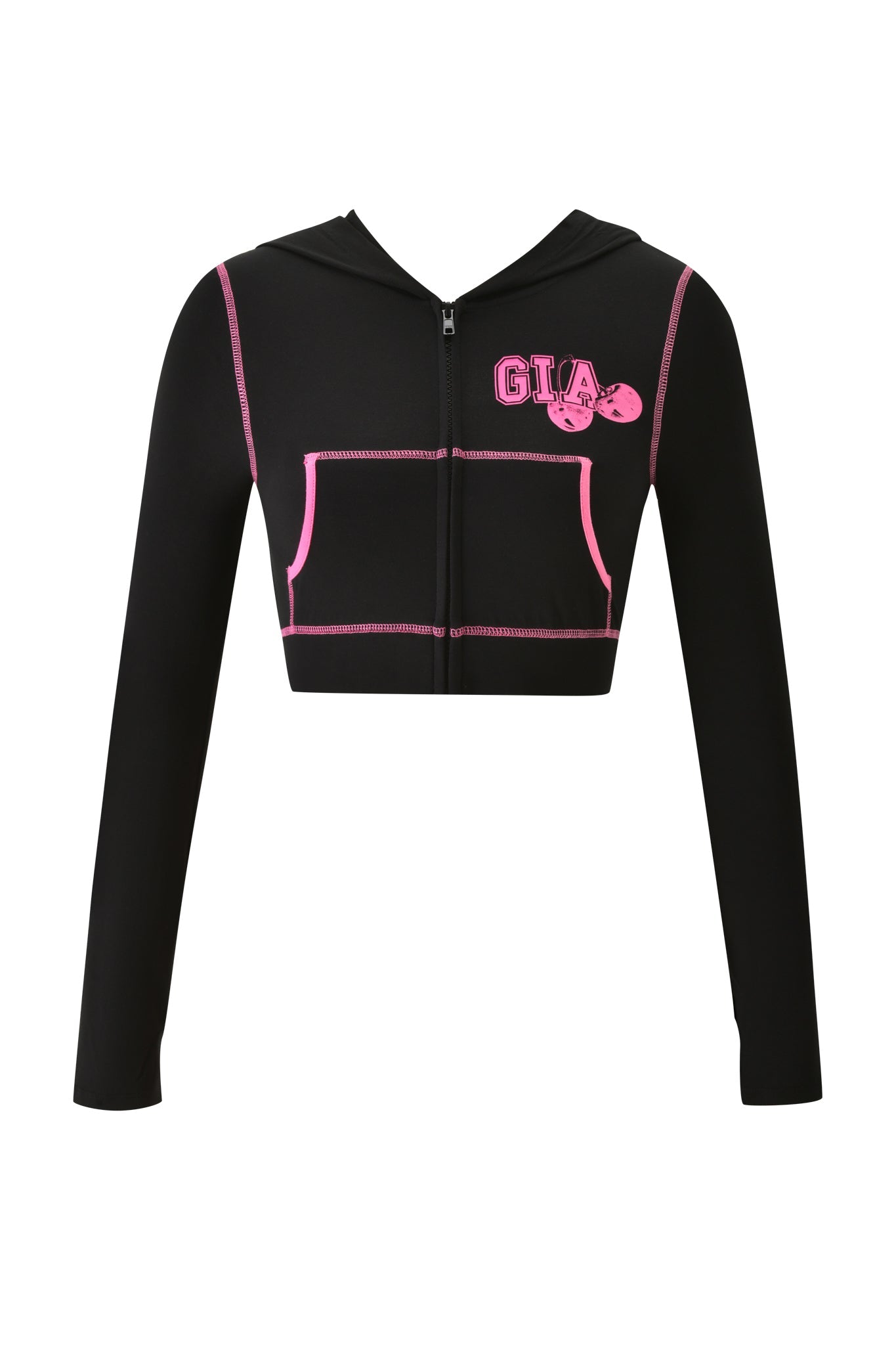 The BLARE CROPPED HOODIE - BLACK by I.AM.GIA features a cropped black design with pink stitching, a front zipper, two pockets, and "GIA" text with a small graphic on the left chest. The hoodie is shown on a white background.