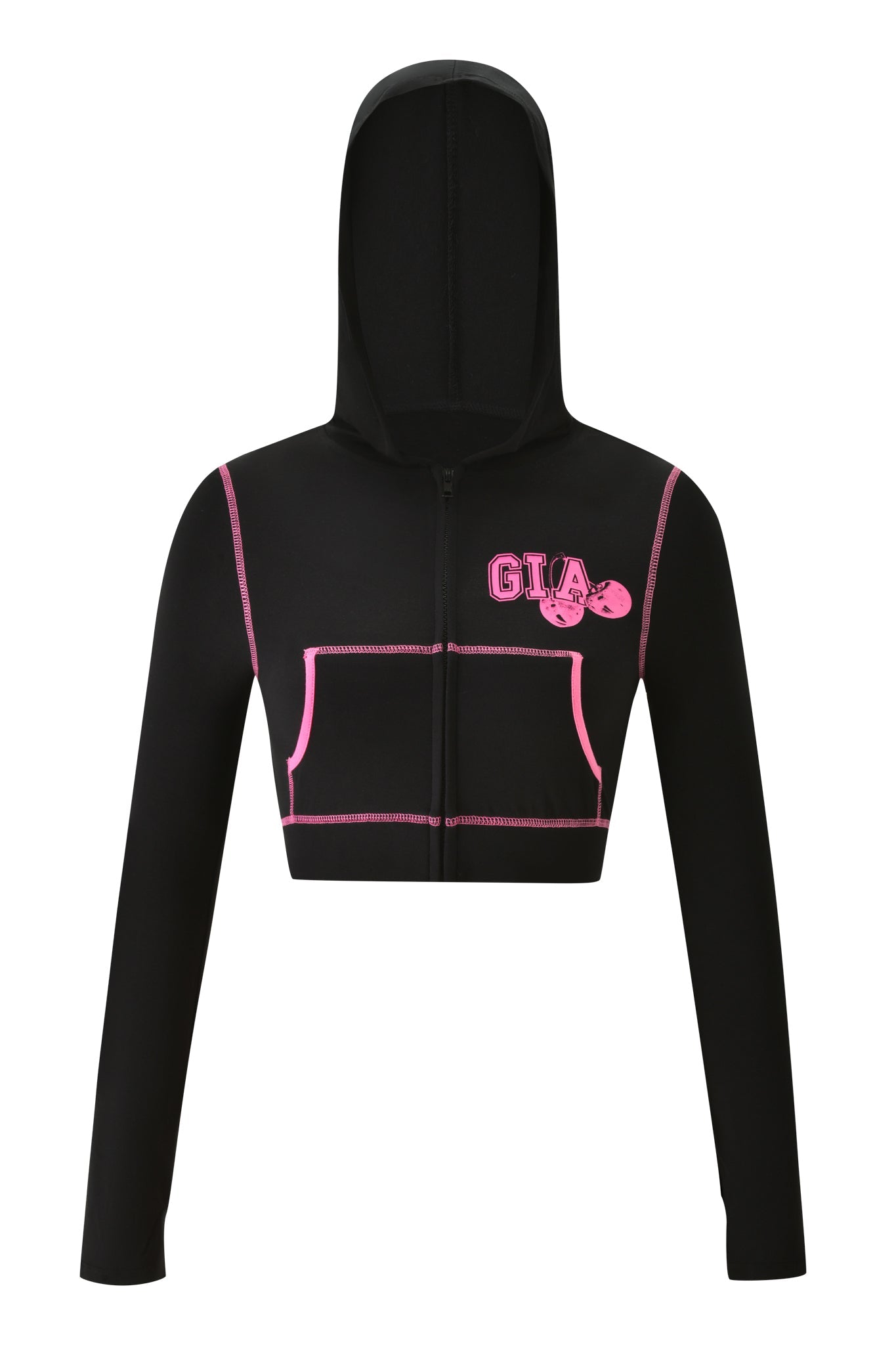 The BLARE CROPPED HOODIE - BLACK by I.AM.GIA features a stylish cropped silhouette with long sleeves, pink stitching, front pockets, and "GIA" text accompanied by a graphic on the left chest—a signature hoodie that perfectly merges style and attitude.