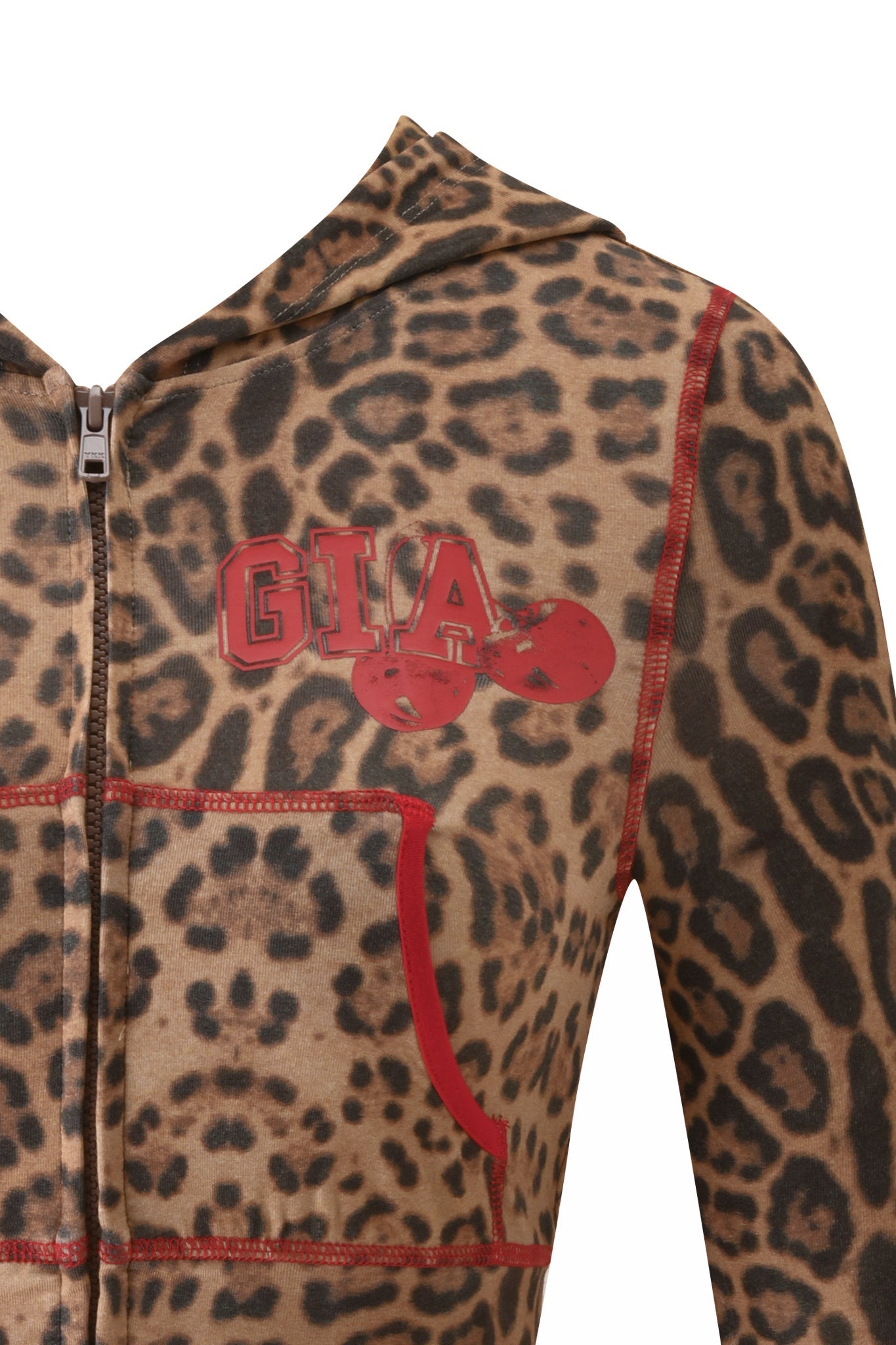 A close-up of the I.AM.GIA BLARE CROPPED HOODIE - PANTHERA, featuring a leopard print design with red trim. The left chest displays red "GIA" lettering with two red cherries printed underneath, highlighting the signature style of an I.AM.GIA hoodie.