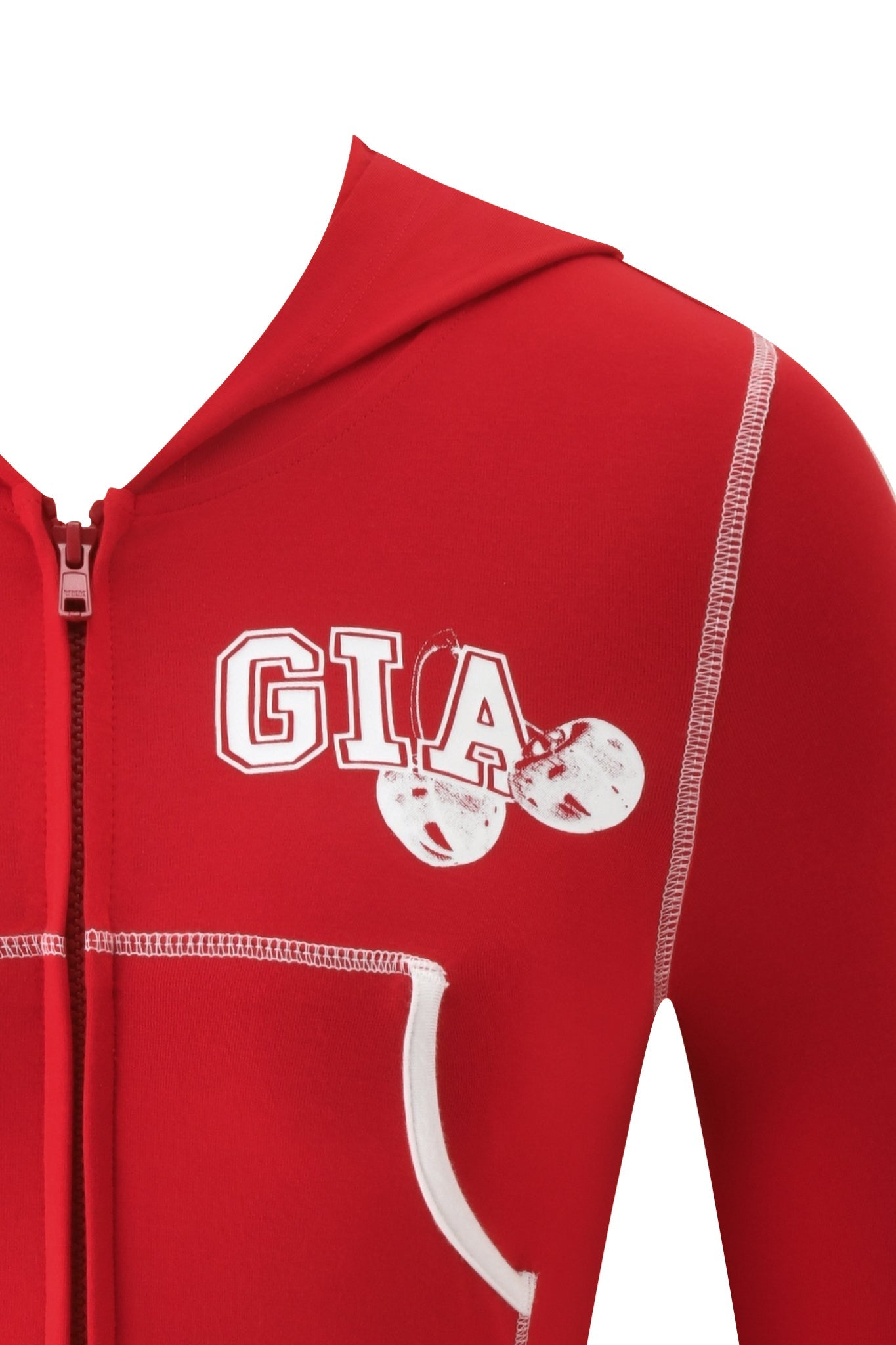 Close-up of the I.AM.GIA BLARE CROPPED HOODIE in red, featuring a front zipper, white exposed seams, and "GIA" printed on the chest next to two white cherry graphics.