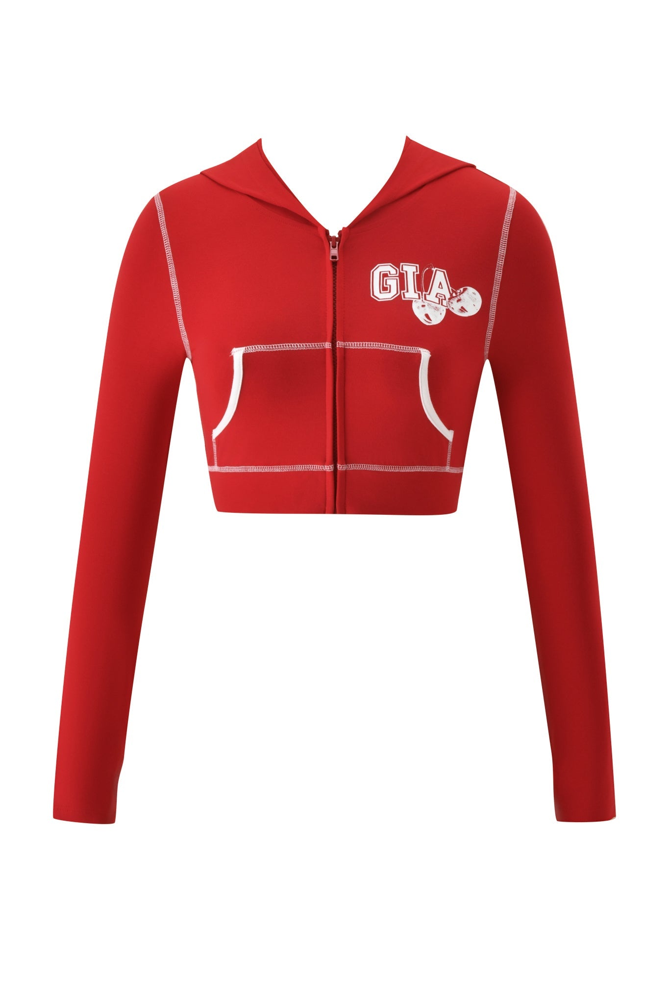 The BLARE CROPPED HOODIE - RED by I.AM.GIA is a red cropped zip-up hoodie featuring white stitching, front pockets, and "GIA" with two dice printed on the left chest.