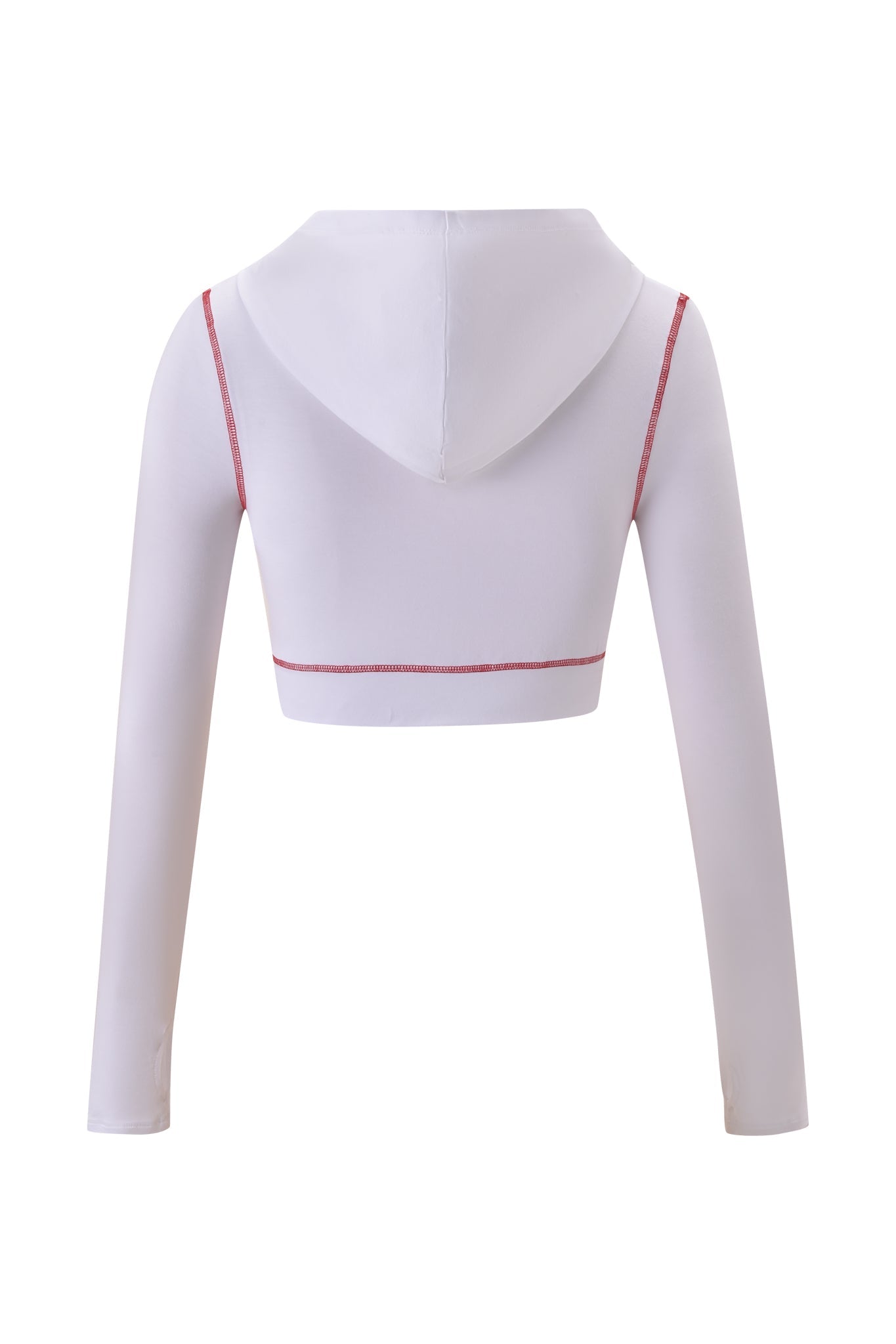 The BLARE CROPPED HOODIE - WHITE by I.AM.GIA is a white, long-sleeve cropped hoodie with a hood and bold red stitching along the shoulders and sides, shown on a plain white background—perfect for standout street style.