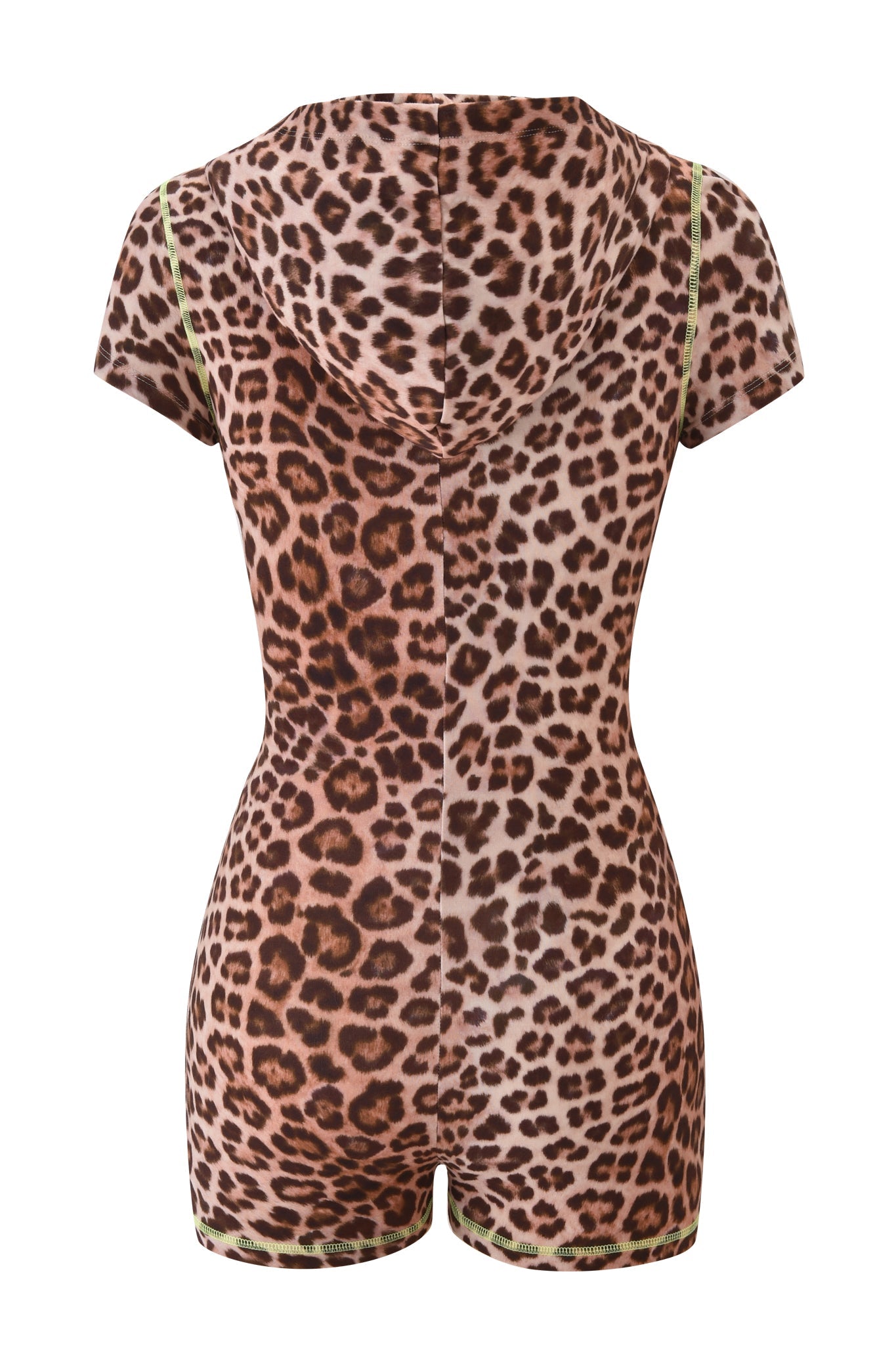 A back view of the I.AM.GIA BLARE SHORT SLEEVE ROMPER - LEOPARD highlights its short sleeves, hood, and bright green stitching on the arms and hems, adding a bold touch to this classic bodycon mini romper.