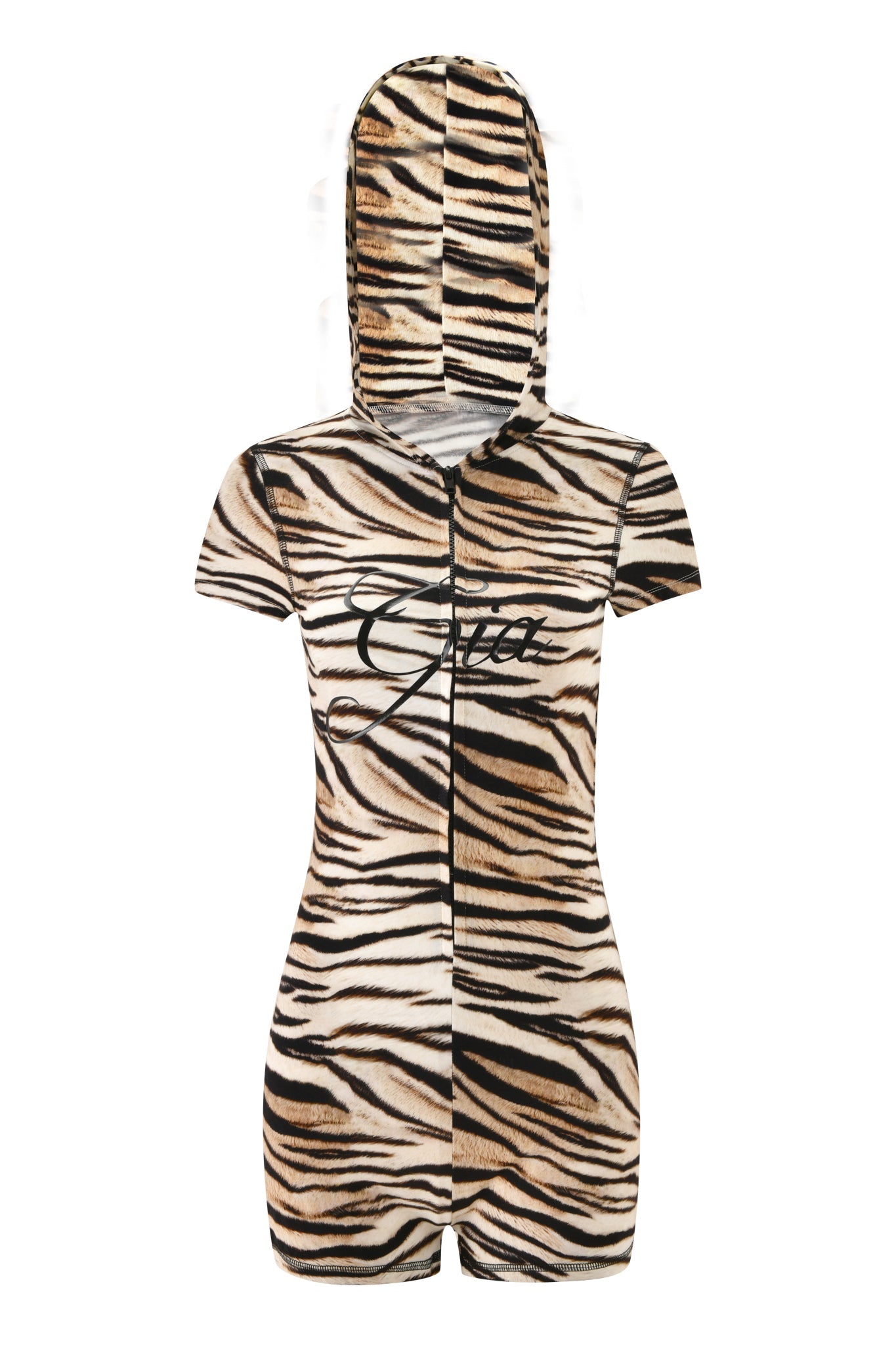 The I.AM.GIA BLARE SHORT SLEEVE ROMPER in Light Tigress features a bodycon fit, front zipper, hood, and "Gia" in cursive on the chest, showcasing a bold tan, black, and white print.