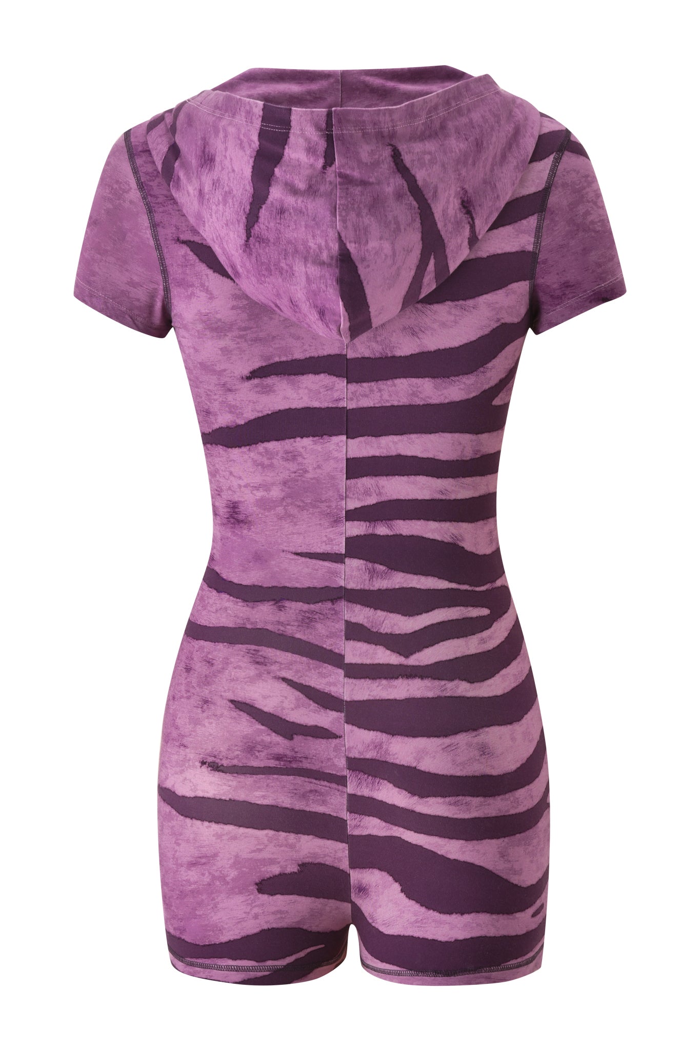 The I.AM.GIA BLARE SHORT SLEEVE ROMPER - PLUM WILD SIDE is a fitted, hooded, short-sleeve mini romper with purple zebra stripes, short legs, a center seam, and playful back view.