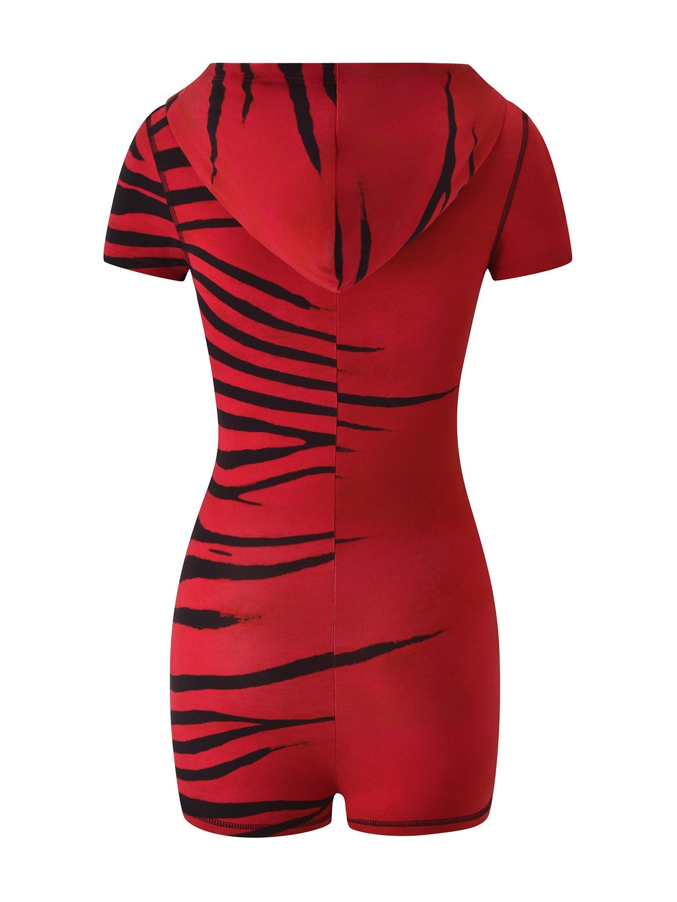 The BLARE SHORT SLEEVE ROMPER - RED WILD SIDE by I.AM.GIA is a bold, bodycon playsuit featuring a red short-sleeve, hooded mini silhouette with an eye-catching black tiger-stripe pattern. Shown from the back against a white background, this romper makes a statement while delivering comfortable and stylish wear.