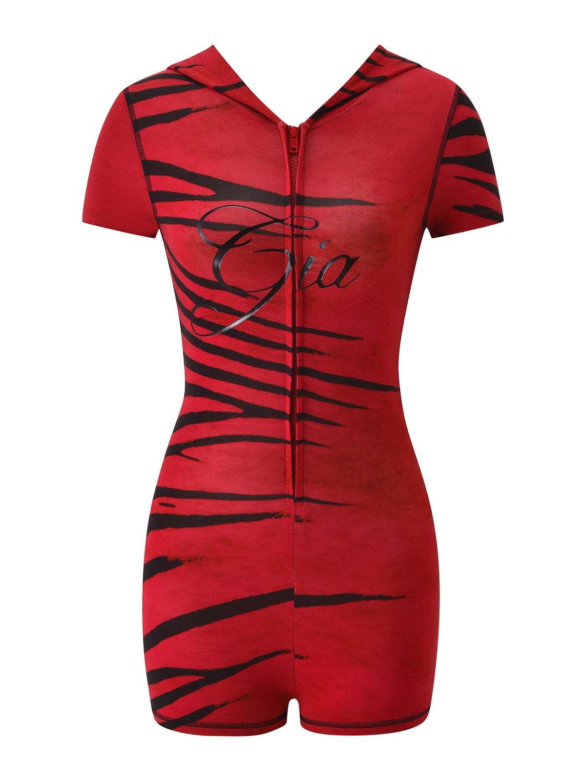 The BLARE SHORT SLEEVE ROMPER - RED WILD SIDE by I.AM.GIA is a red mini romper with black tiger stripes, designed in a bodycon playsuit style featuring a front zipper, hood, and “Gia” written in cursive on the chest.
