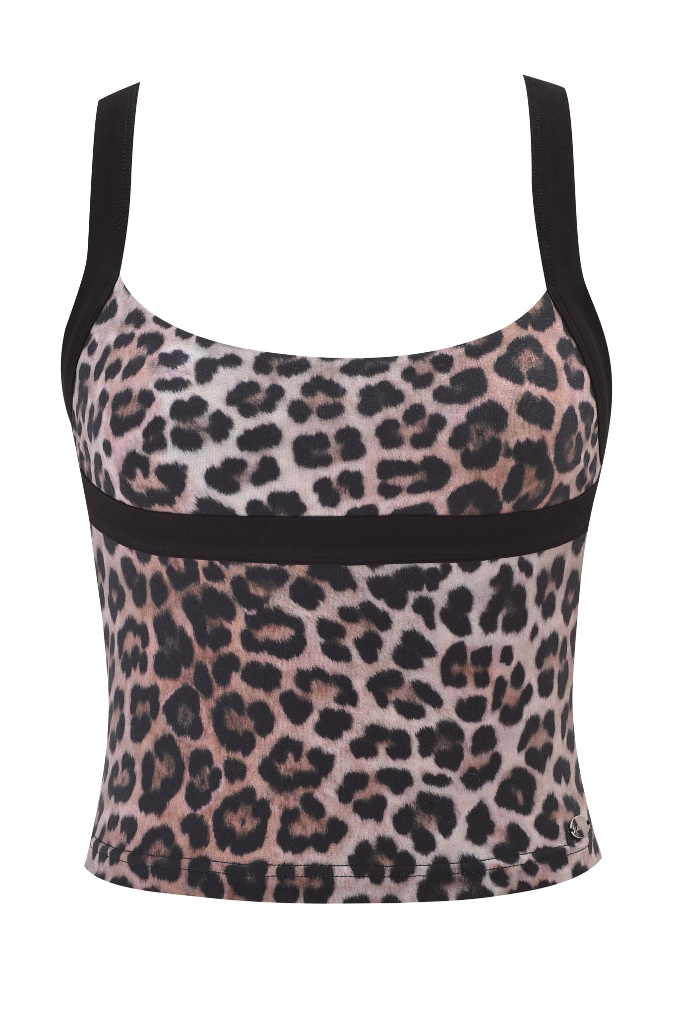 The BLARE HALTER STRAP TOP - LEOPARD by I.AM.GIA features wide black straps and a bold leopard print in brown, beige, and black, finished with a horizontal black band under the bust.