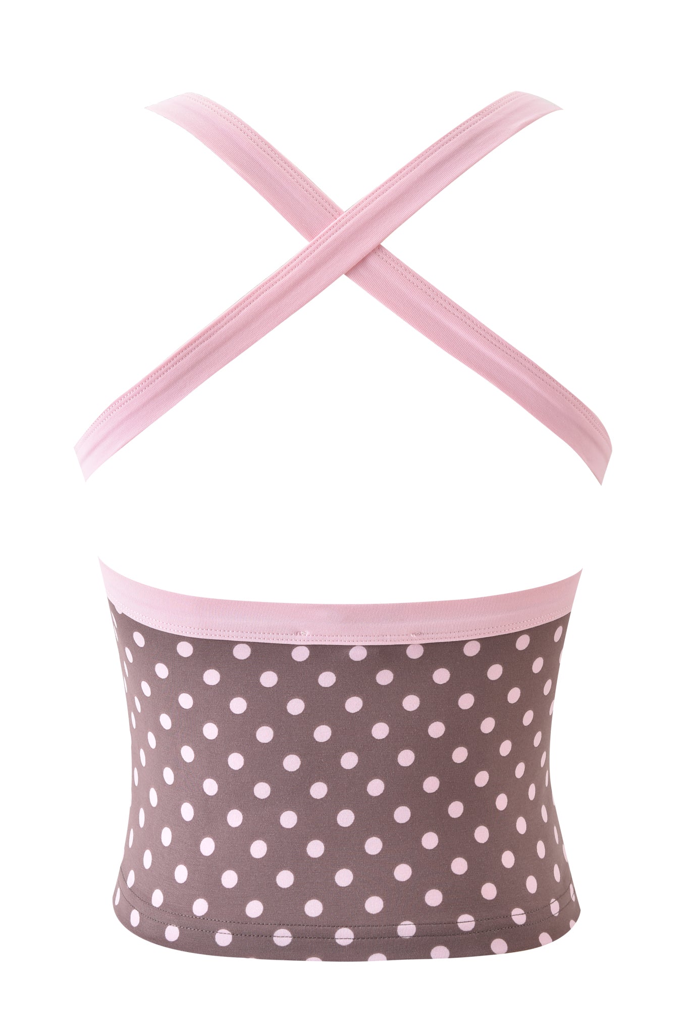 The BLARE HALTER STRAP TOP by I.AM.GIA features pink crisscross straps, a brown body with light pink polka dots, and pink waistband and trim. Shown is the back view.