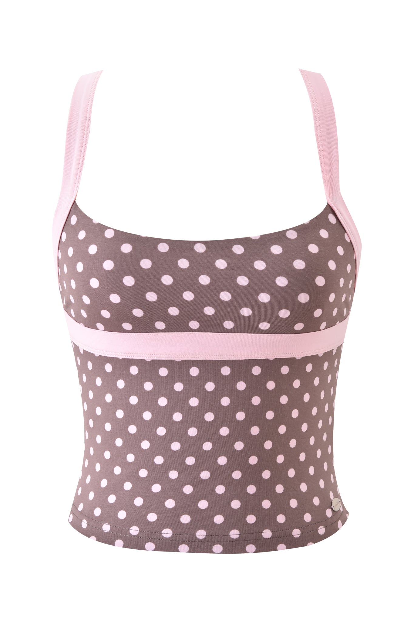 The BLARE HALTER STRAP TOP by I.AM.GIA features wide pink straps, a pink underbust band, and brown fabric with light pink polka dots for a striking look.