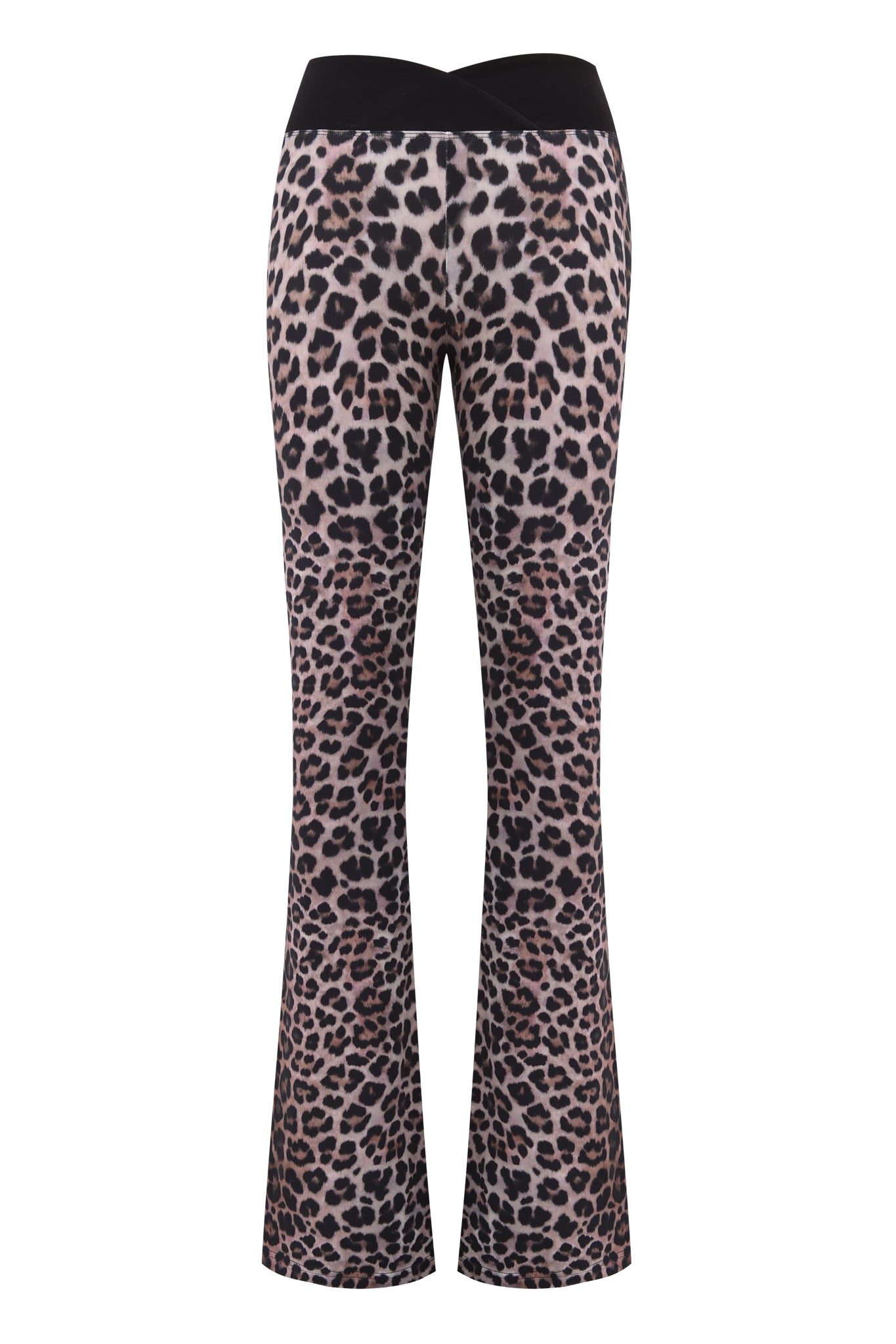 Back view of I.AM.GIA’s BLARE CROSSOVER PANT - LEOPARD, a high-waisted flared jersey pant with a black waistband and bold brown, black, and beige leopard print.