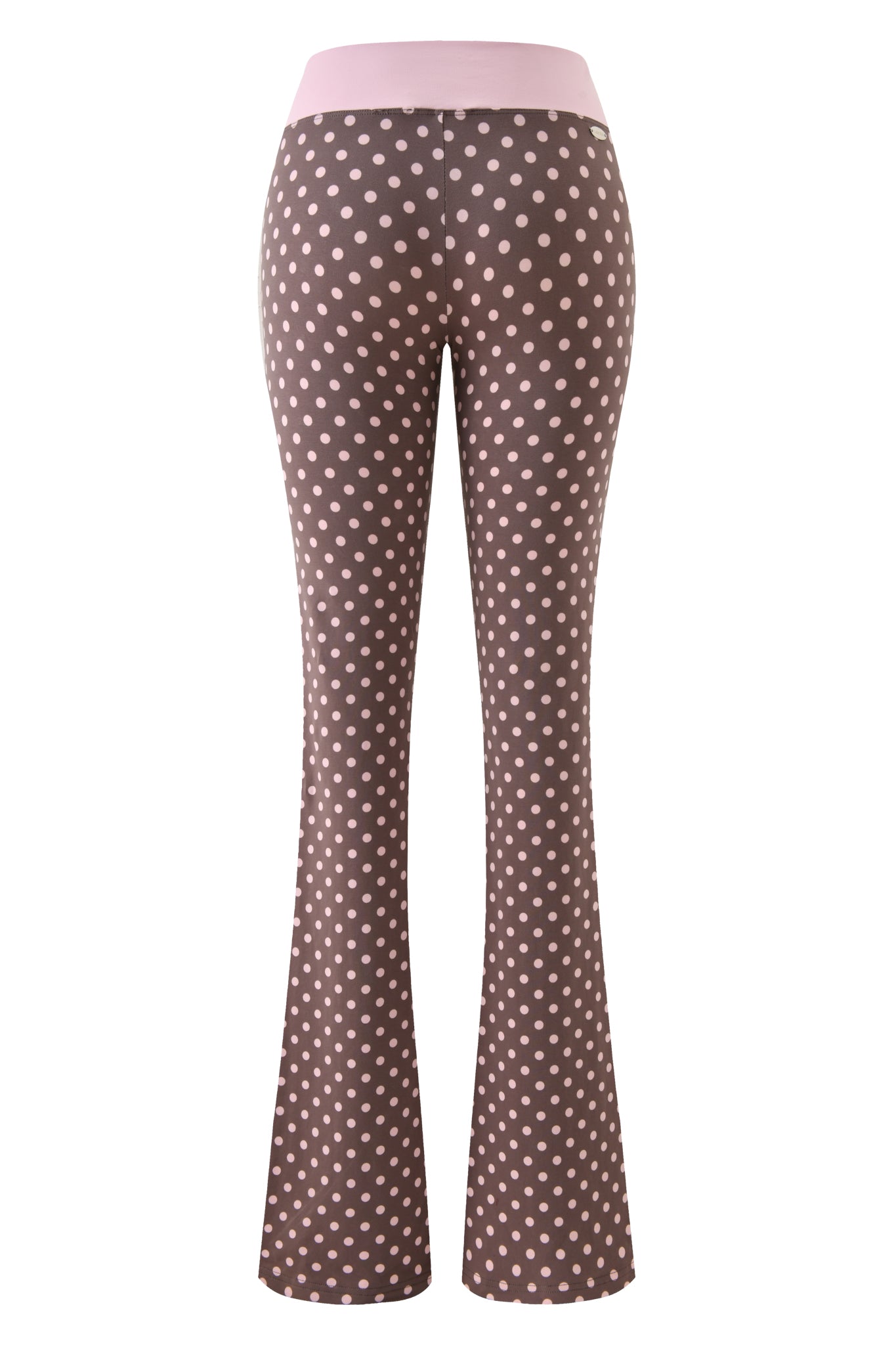I.AM.GIA BLARE CROSSOVER PANT - PINK CHOCOLATE: Mid-rise brown pant with a light pink waistband and all-over pink polka dot print, shown from the back.